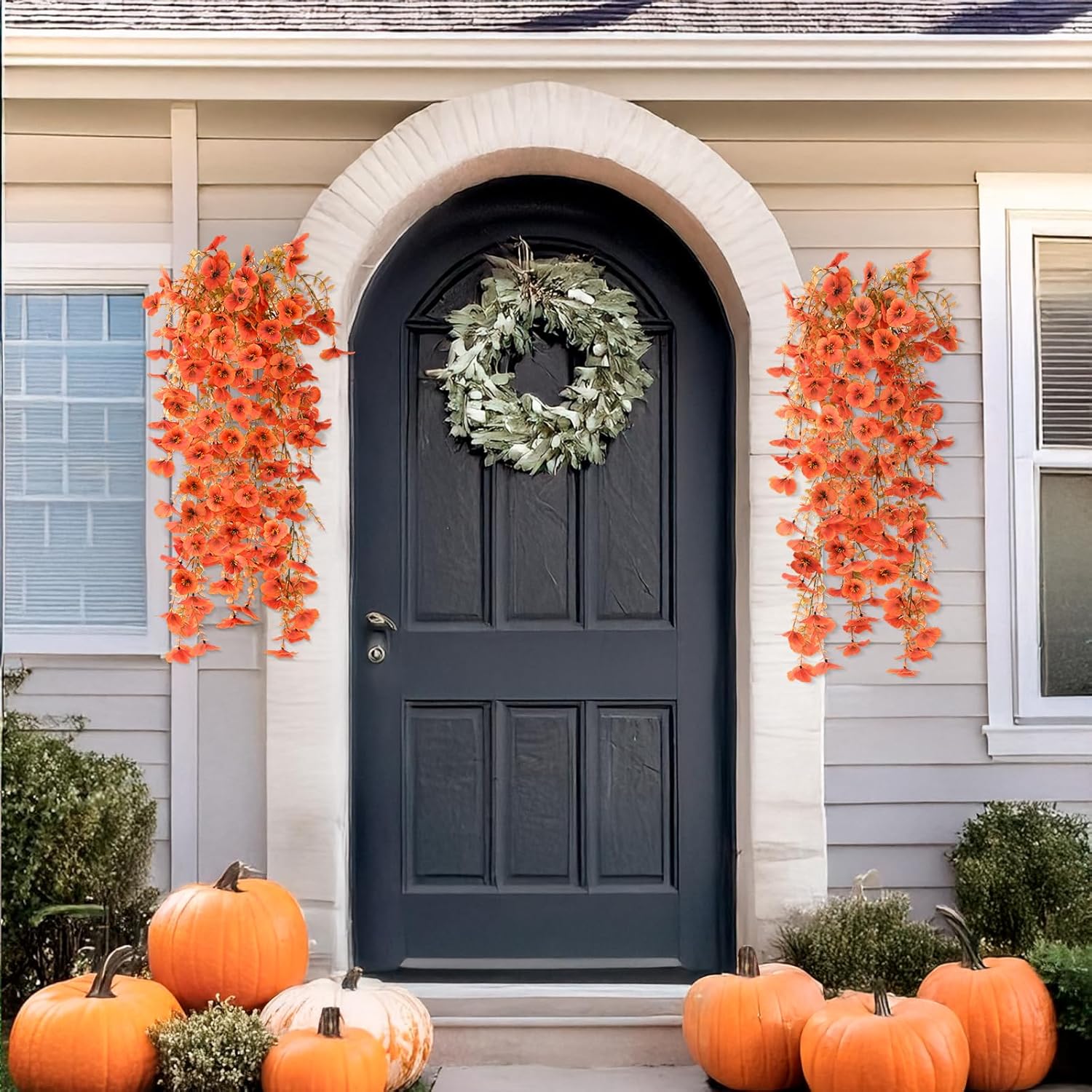 Artificial Fall Flowers for Outdoor, 4 Pcs Faux Pansy Fake Mums Plant Hanging Flowers Outdoor Fall Decor, UV Resistant No Fade Silk Flower for Front Door Porch Planter Patio Yard Garden(Orange) - Image 5