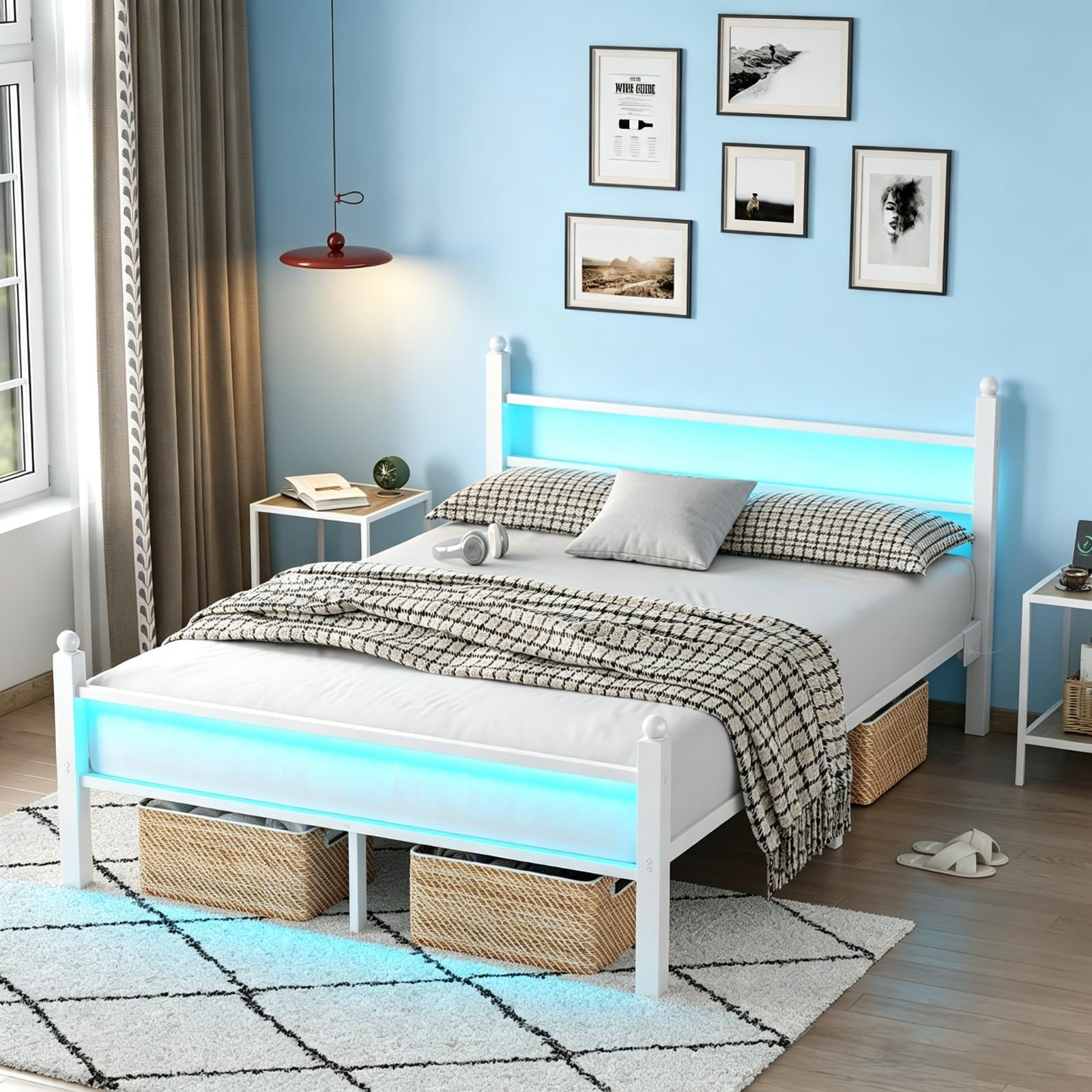 CollaredEagle Full Bed Frame with LED Lights and Charging Station, White