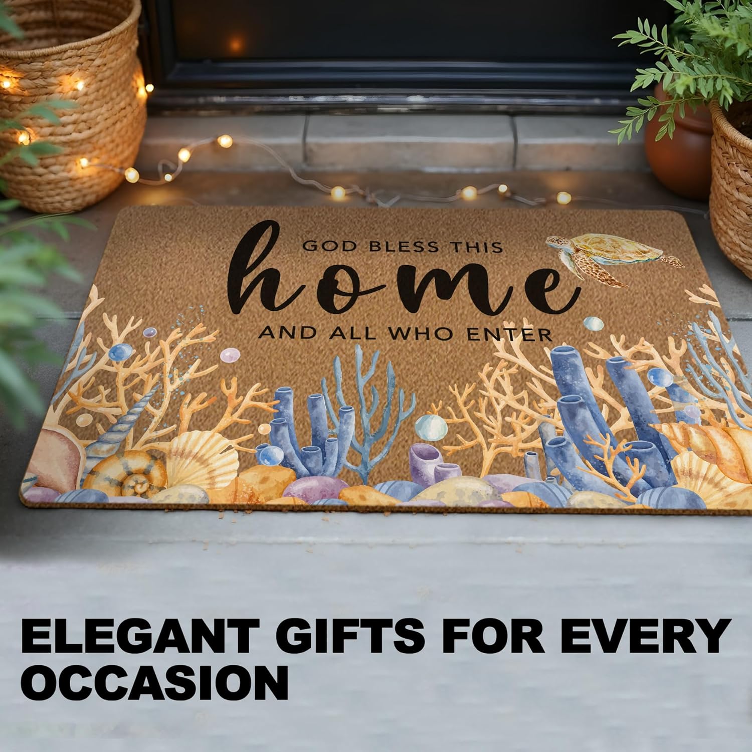 huester Coastal Beach Christian Welcome Door Mat, God Bless This Home Bible Verse Ocean Sea Turtle Decorative Home Indoor Outdoor Porch Front Door Entrance Outside Welcome Doormat, 17x30 Inch