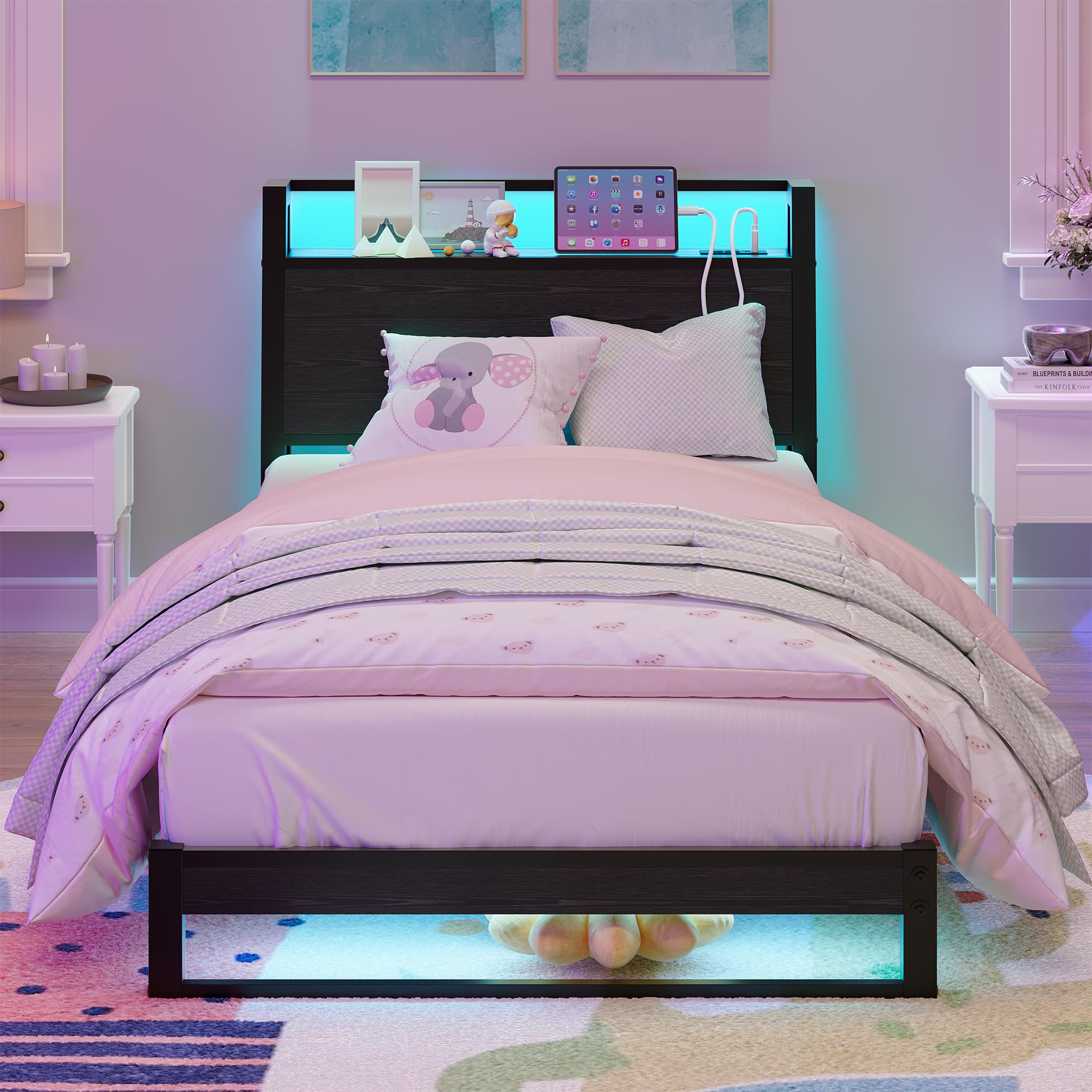 Letto 90 x 200 cm con testiera ergonomica con spazio di archiviazione, letto singolo in metallo, telaio del letto con stazione di ricarica e illuminazione a LED, ideale per camera da letto
