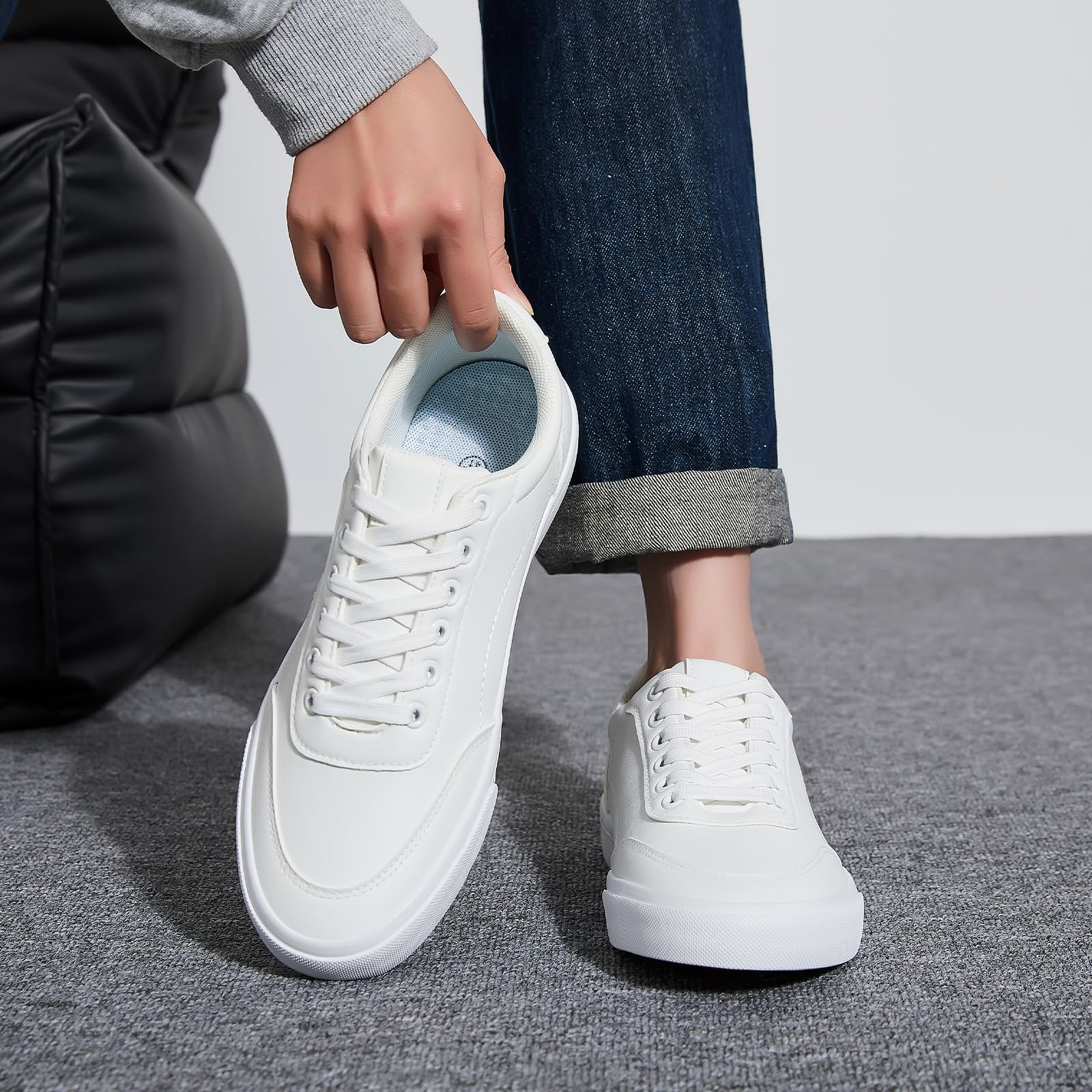 Rominz Men's White Tennis Shoes PU Leather Fashion Sneakers Low Top Casual Walking Shoes for Men — view 2