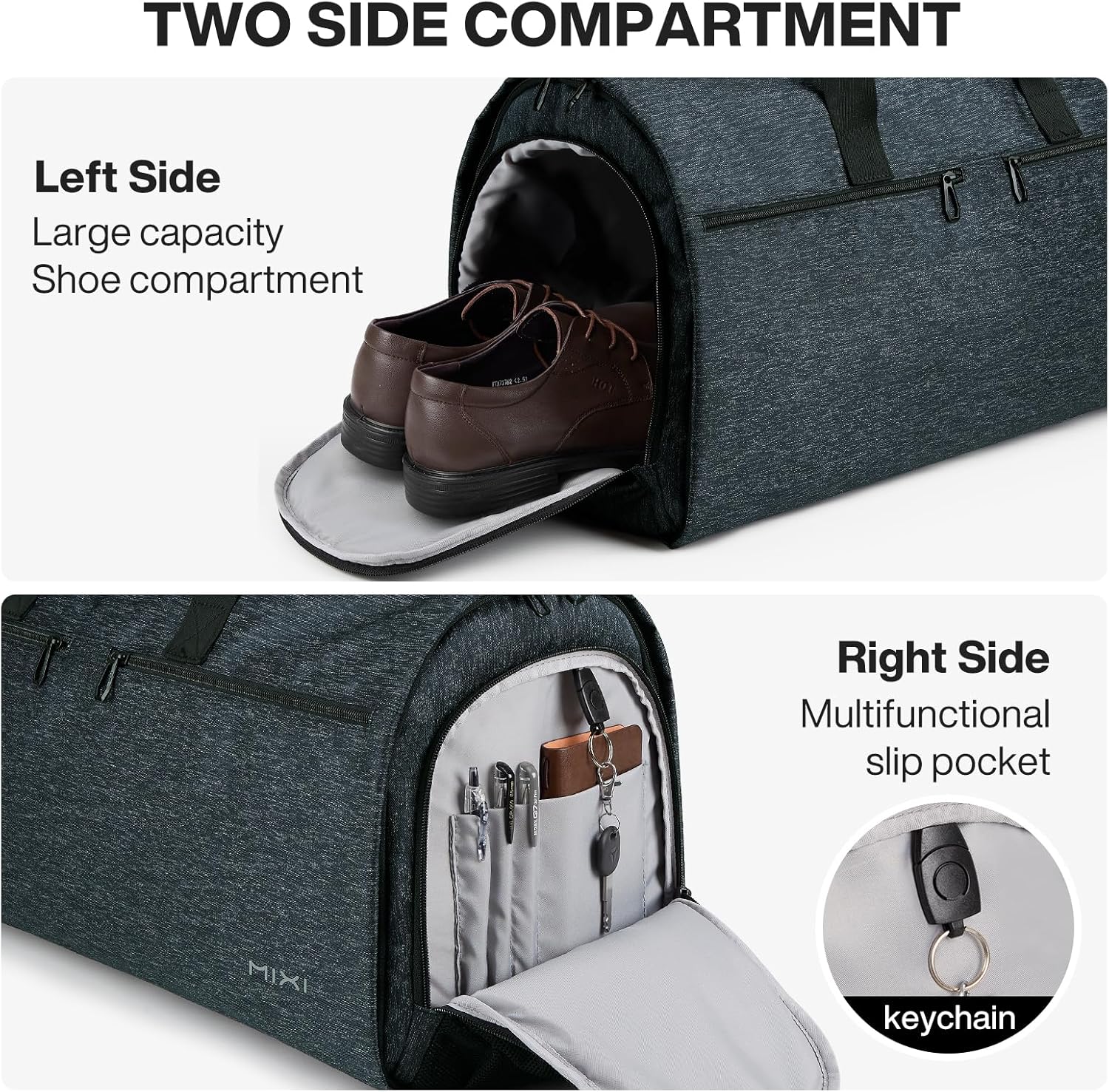 Side compartment showing shoes stored in the dedicated pouch