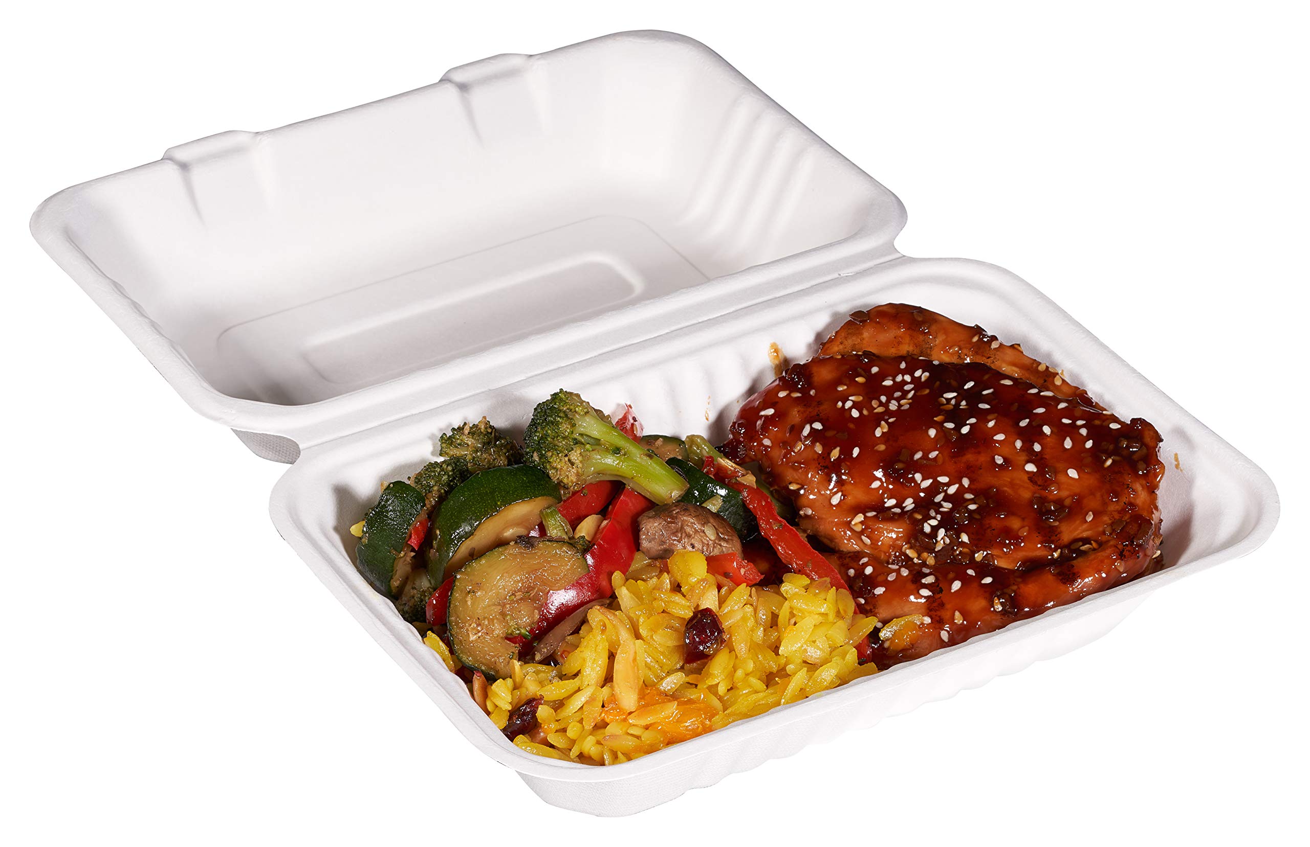 [150 PACK] EcoQuality White 6 x 9 x 3 in. Compostable Clam Shell Hinged Take Out Food Container - Sugarcane Bagasse, Tree Free - Restaurant Supplies, Microwavable,Bidodegradable,Recyclable (Rectangle)