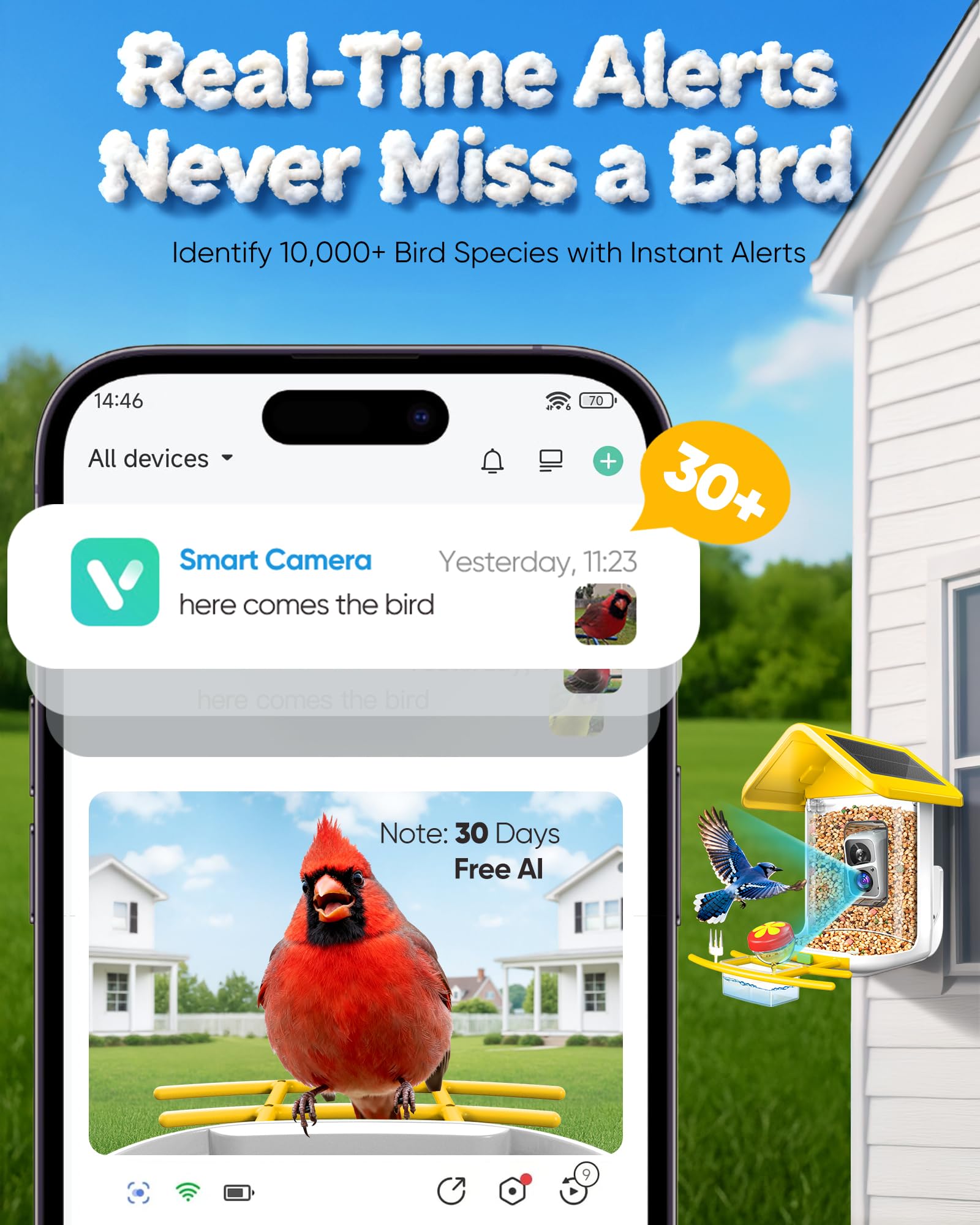 Comedero inteligente para pájaros con cámara, WiFi de 2.4 GHz AI para identificar especies y video en vivo, aplicación para patio trasero, regalo para comedero de pájaros de Navidad