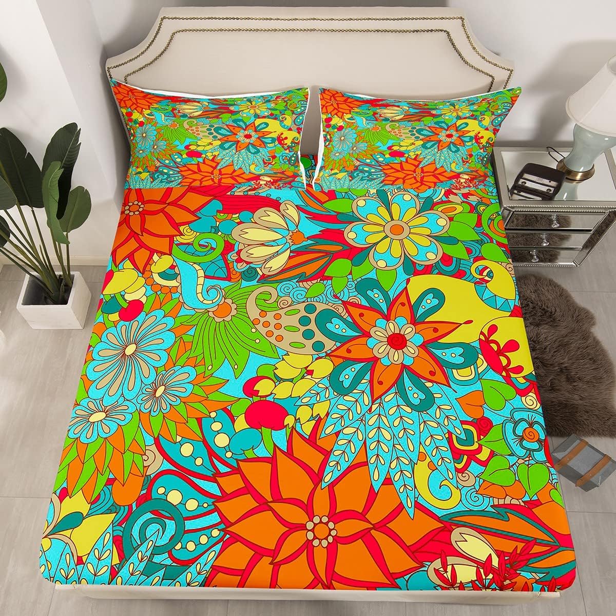 Retro Groovy Fitted Sheet Groovy 70s Bedding 60s 80s 90s Vintage Psychedelic Floral