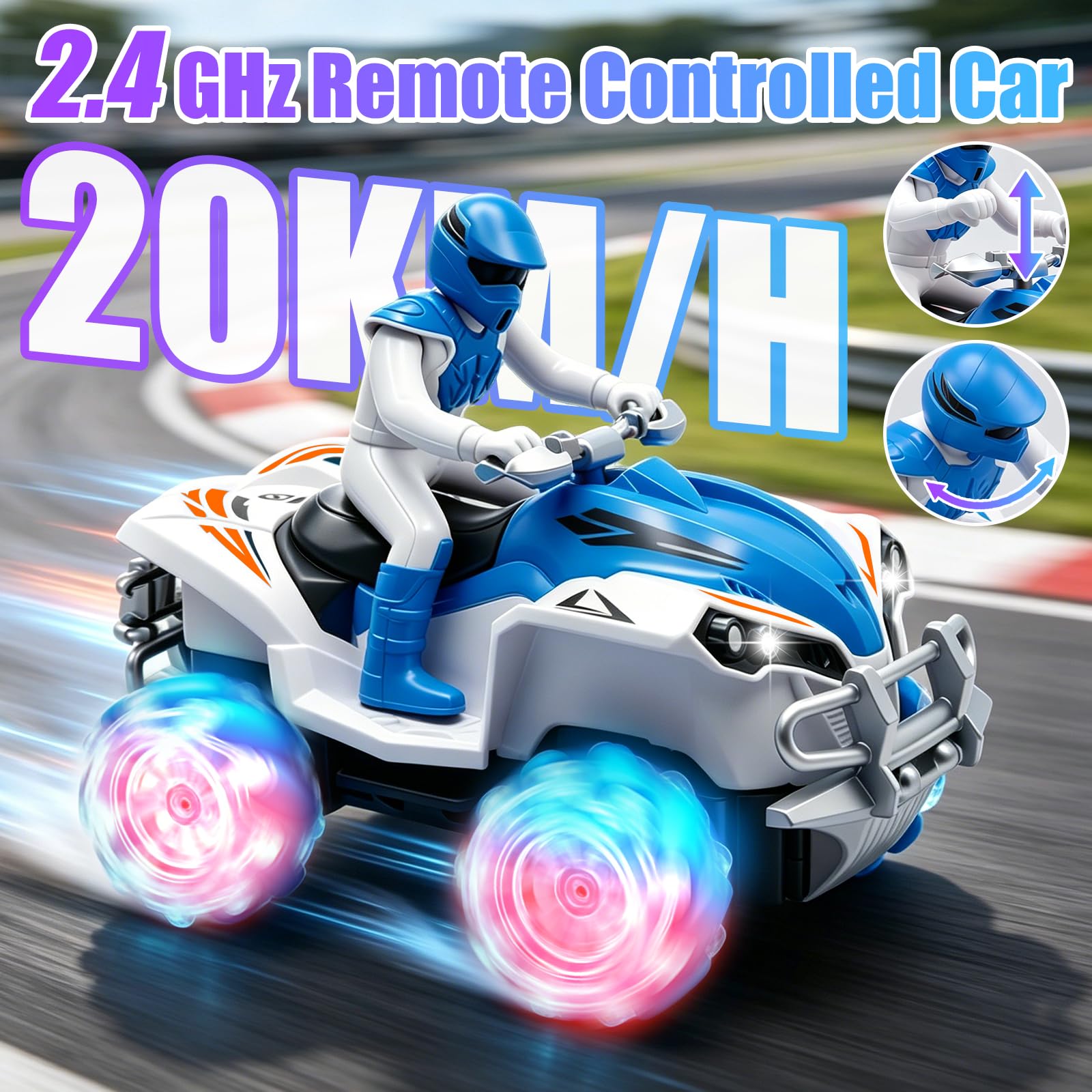 Auto Telecomandata per Bambini, Macchina Radiocomandata RC 2,4 GHz con 2 Batterie Ricaricabili, Auto Stunt 4WD con Rotazione a 360°, Fari e Ruote LED, per Interni ed Esterni, Spiaggia e Prato