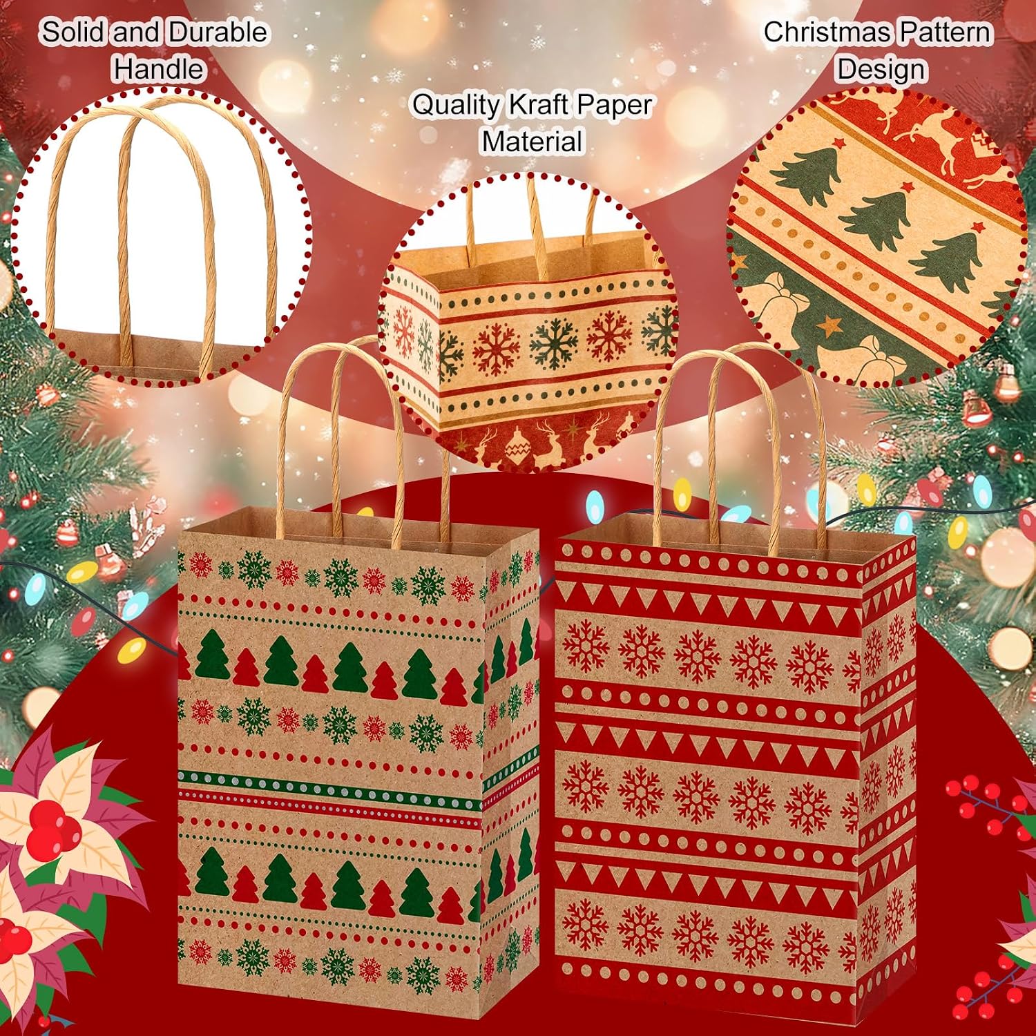 AmazingSpark 48 Pcs Christmas Kraft Gift Bags with Handles 4 Designs 5.91 x 3.15 x 8.27 Inches Xmas Paper Goody Bags Bulk for Treat Red and Green Holiday Party Favors Decoration Supplies(Retro)