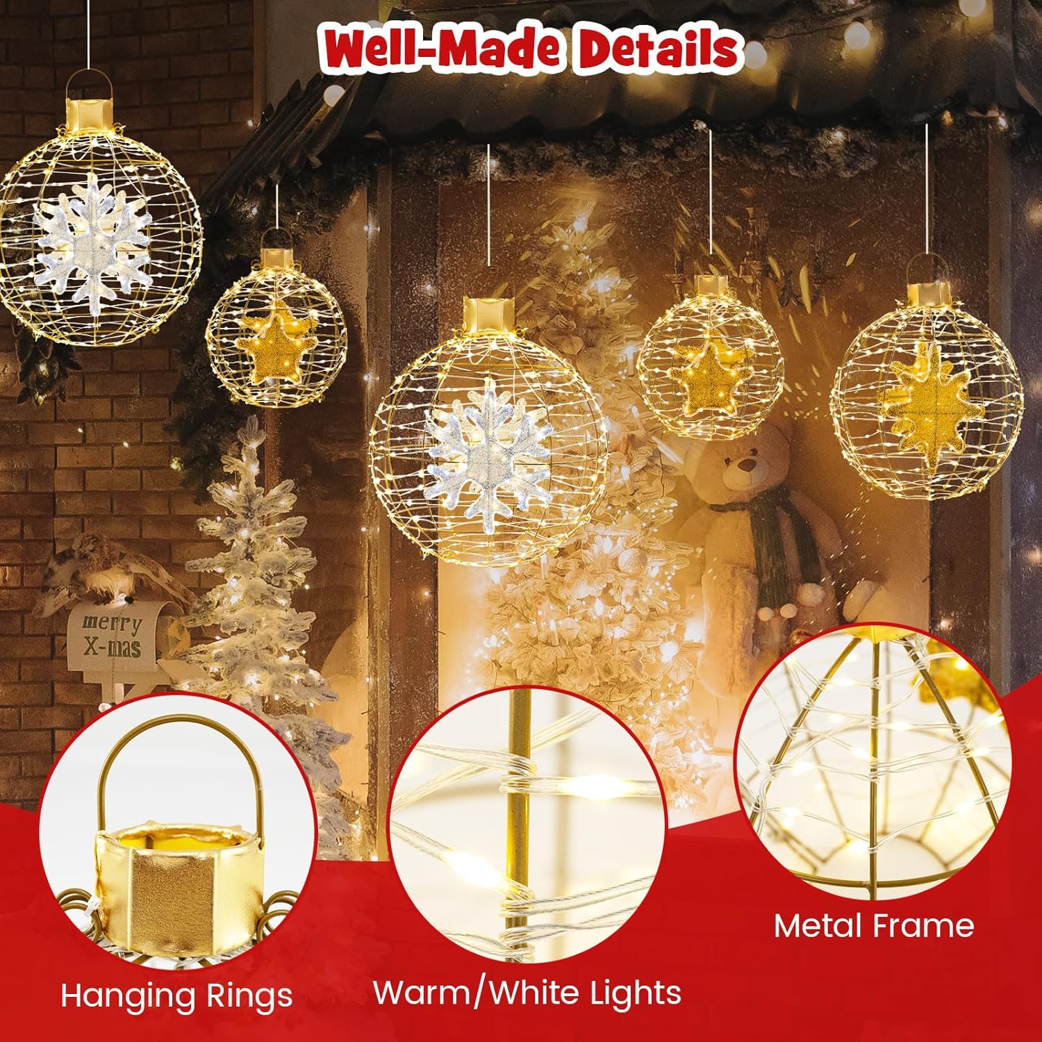 Tangkula 3 Sizes Christmas LED Lighted Sphere Balls, 21" Outside Pre-Lit Lantern Balls for Tree with 732 LED Lights, Zip Ties & Ground Stakes, Holiday Globe Lights for Indoor/Outdoor Party Decorations