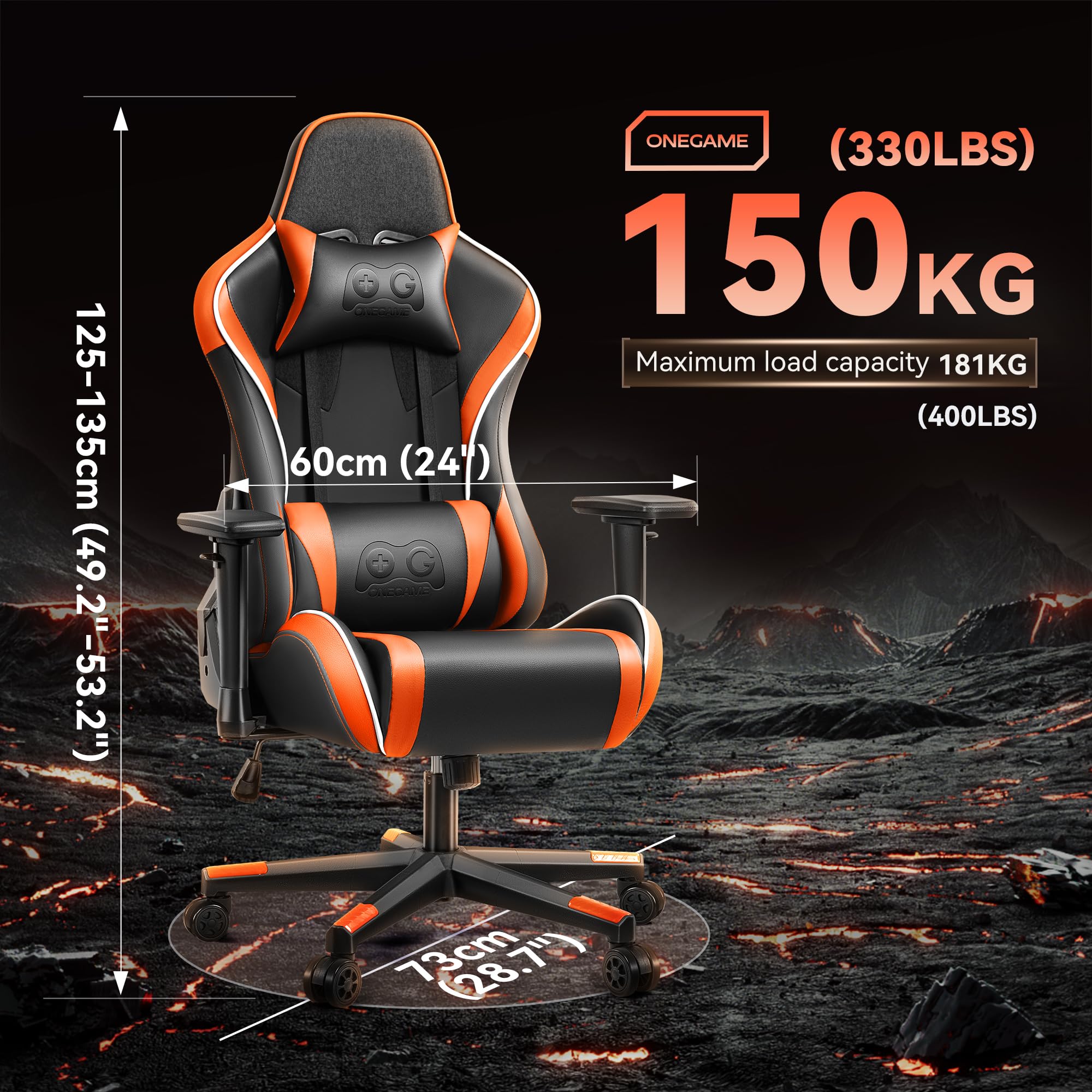 OneGame Sedia Gaming, 3D Braccioli Ergonomico Sedia da Gioco per Computer, Ufficio Regolabile in Altezza, Girevole con Cchienale Regolabile 155°, Arancione