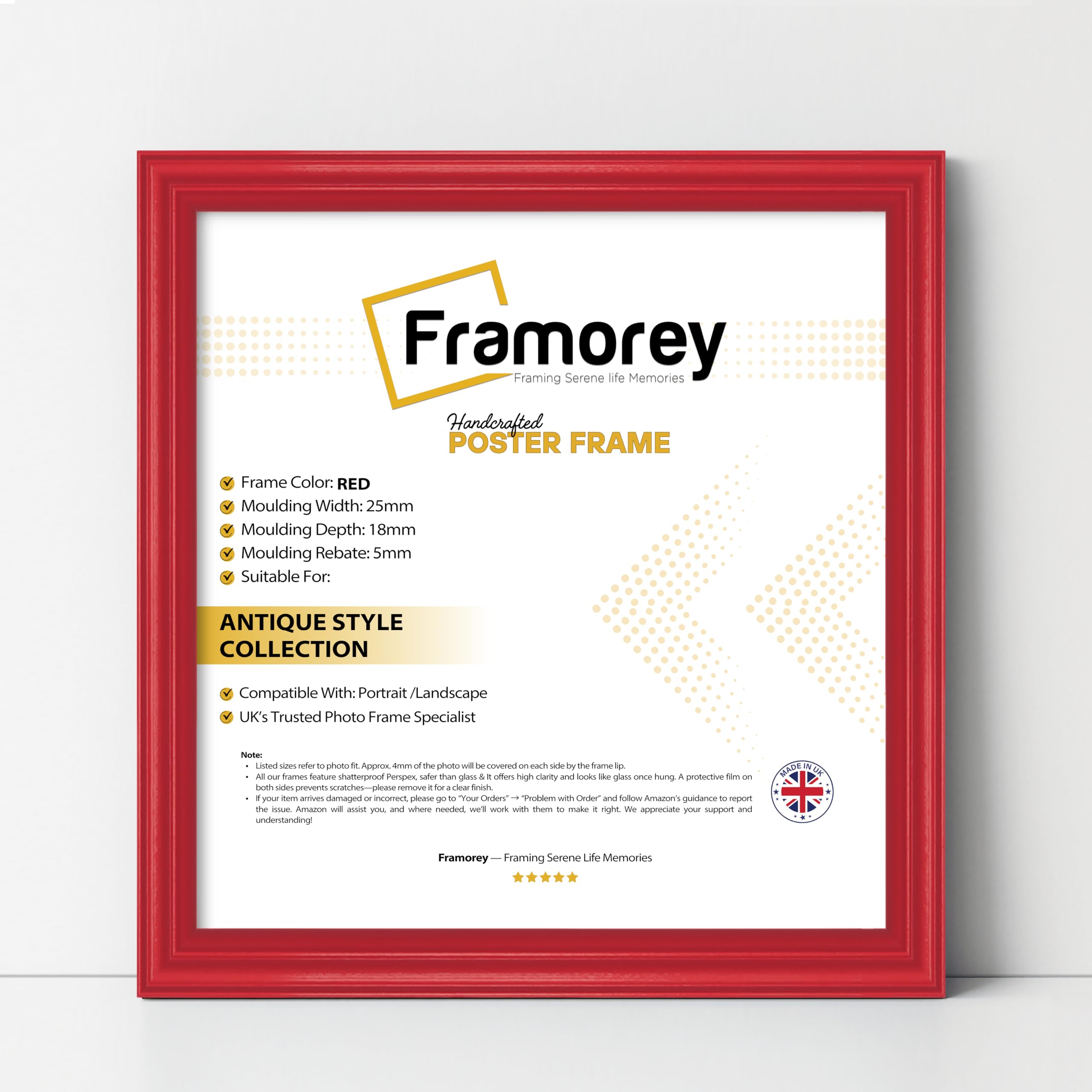 Framorey Framing Serene Life Memories Red Framorey Square Picture Frame, 11X11 Inch Size Photo Frames, Lw Antique Poster Frame, Wall Hanging Oxford Frames, Premium Wooden Effect Frame