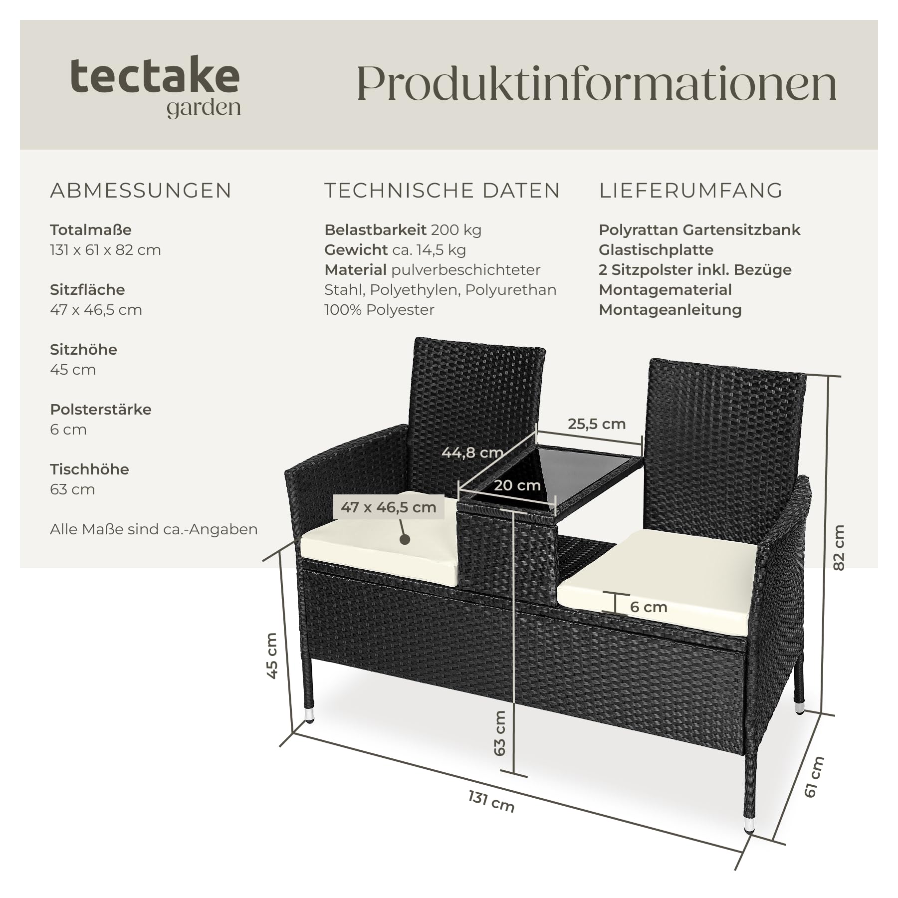 tectake 404557 Poly Rattan Gartenbank mit Tisch, 2-Sitzer Bank, 131 x 61 x 82 cm, Sitzbank für Garten Balkon und Terrasse, Gartensitzbank inkl. Sitzkissen, schwarz-beige