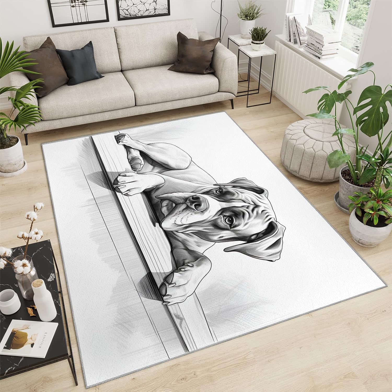 5x6 Area Rug - Sketch-Style Boxer Area Rugs for Kitchen, Simple Dog Bedroom Area Rug Kids Low Pile for Indoor Outdoor Hardwood Floors Home Decor