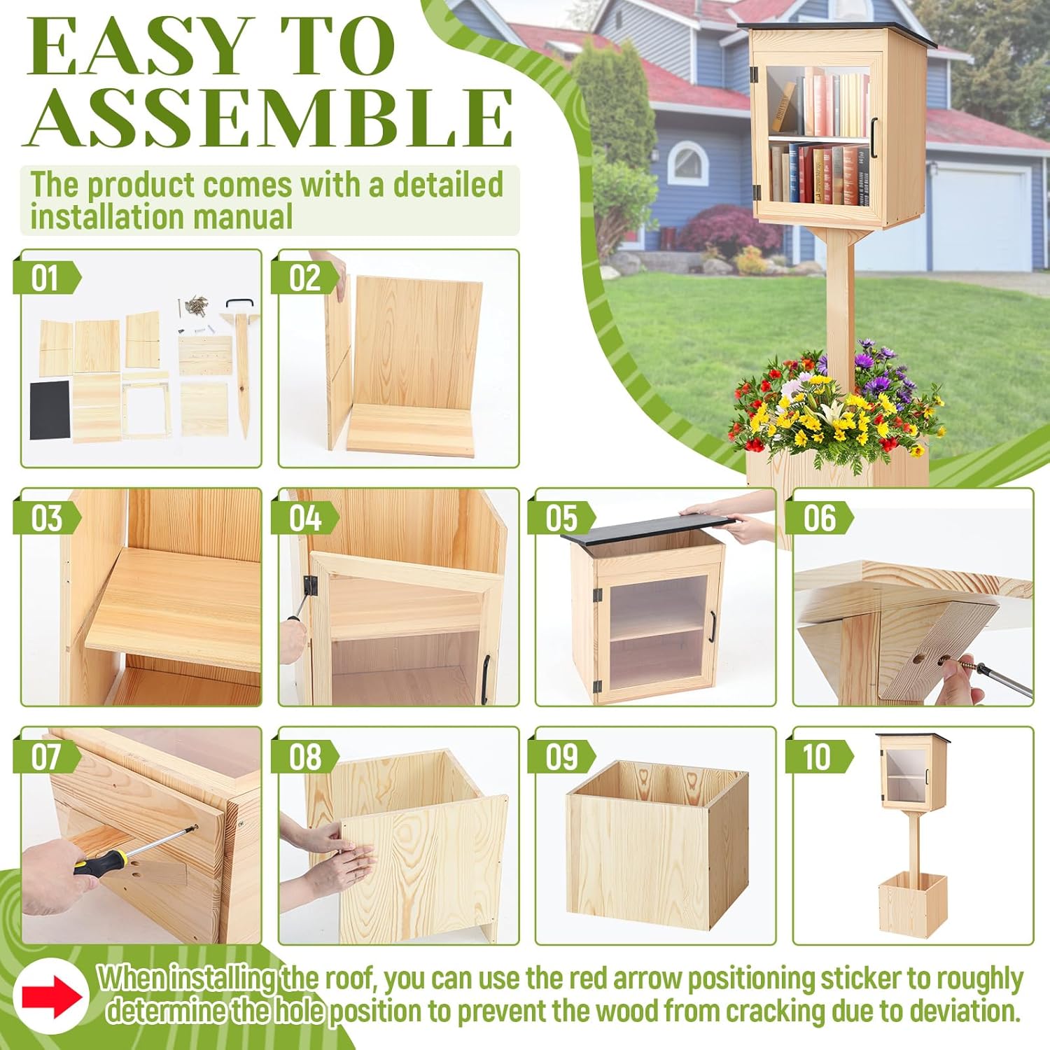 Wooden Little Library Box Outdoor, Weatherproof Double Solid Wood Book Exchange Box with Floor Plugs and Small Flower Fence for Neighborhoods, Community, Literature, School(Natural Wood)