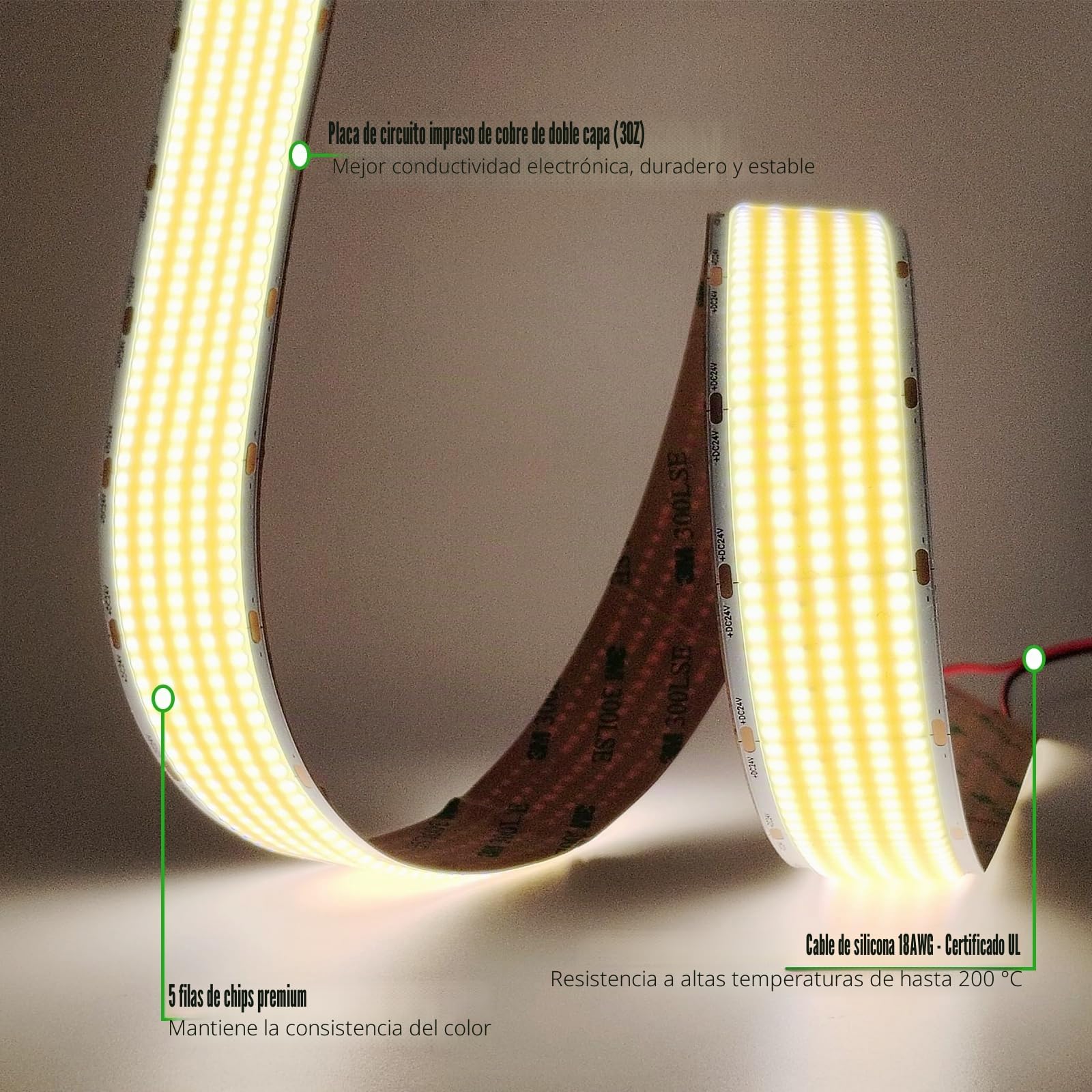 JOYLIT Tira LED COB 5 Filas 24V 5M 4000K 4400 LM/m Sin Puntos Interior | 1600LEDs/M, 40W/M, Ultra Brillante Blanco Natural, 30MM Ancho, CRI 90+, Regulable,Cortable, Autoadhesivo Cinta LED