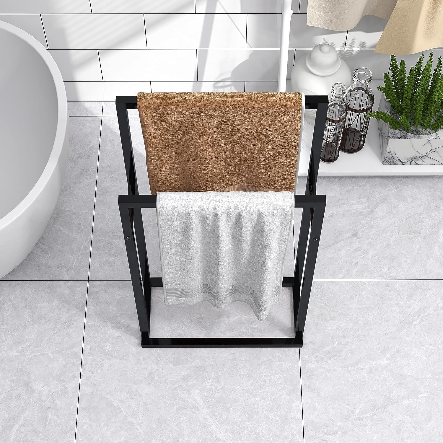 Towel Rails, Towel Rack Stand, for Bathroom Storage -Standitowel Rack Shelf - Modern Color Stainless Steel Towel Stand/Siyah/2 Tier