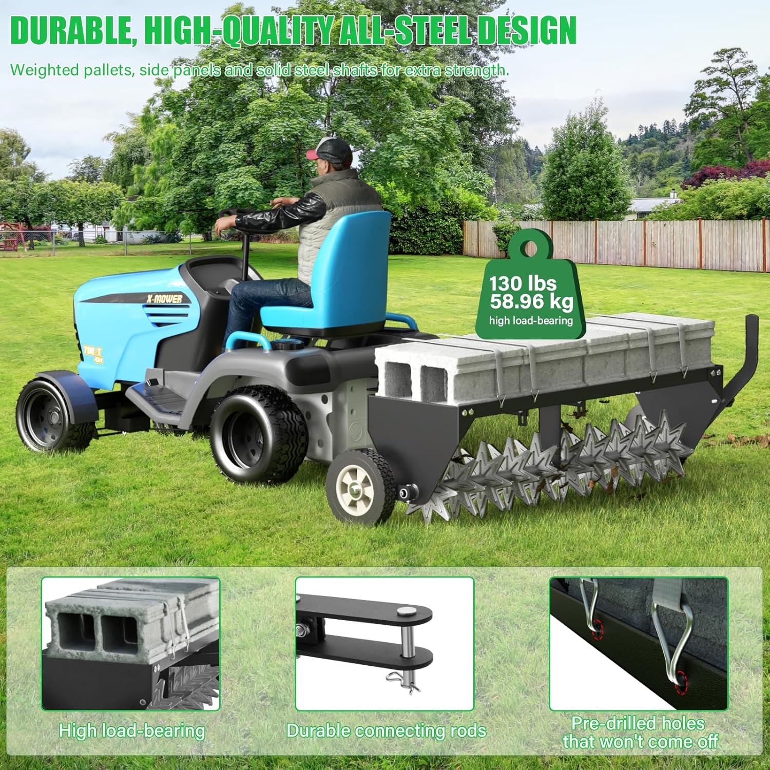 Doniks 40" Tow Behind Plug Aerator with Transport Wheels, Lawn Aerator Tow Behind with Galvanised Steel Tines and Extra-Wide Tow Bar, Pull Behind Aerator for Gardens, Lawns, Farms