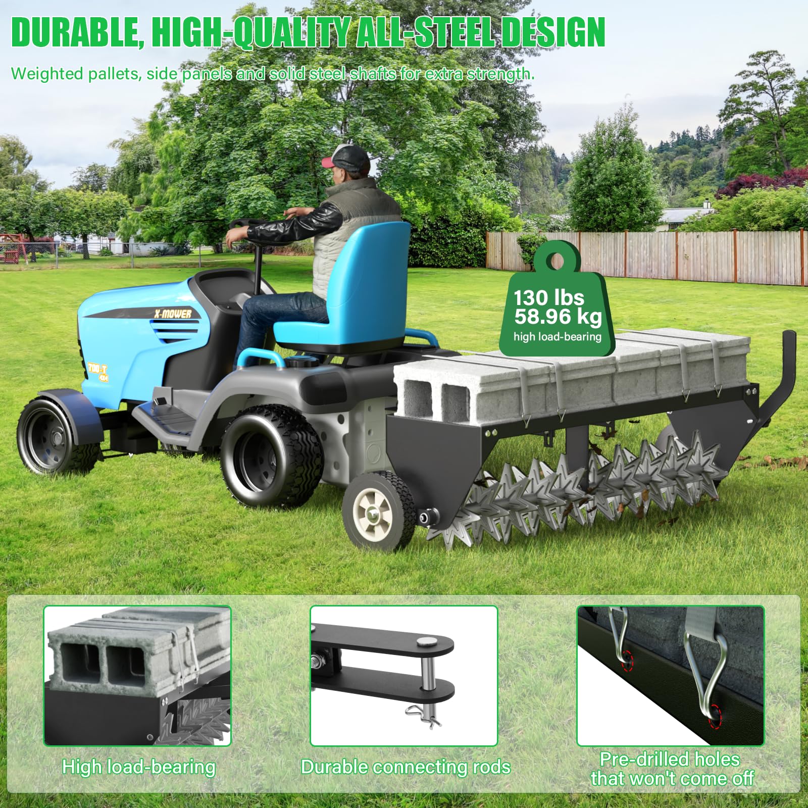 VELPAX Aireador para cortacésped de 101 cm – Acoplamiento universal, enganche extra ancho, aireador de césped duradero para tractor con 10 dientes