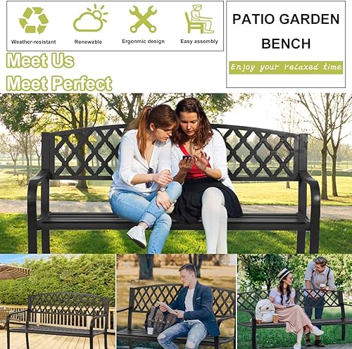 Miniatura 7 de Banco de jardín de 50 pulgadas para exteriores, muebles de metal para exteriores, diseño de cruz de hierro fundido de 400 libras, silla de sofá