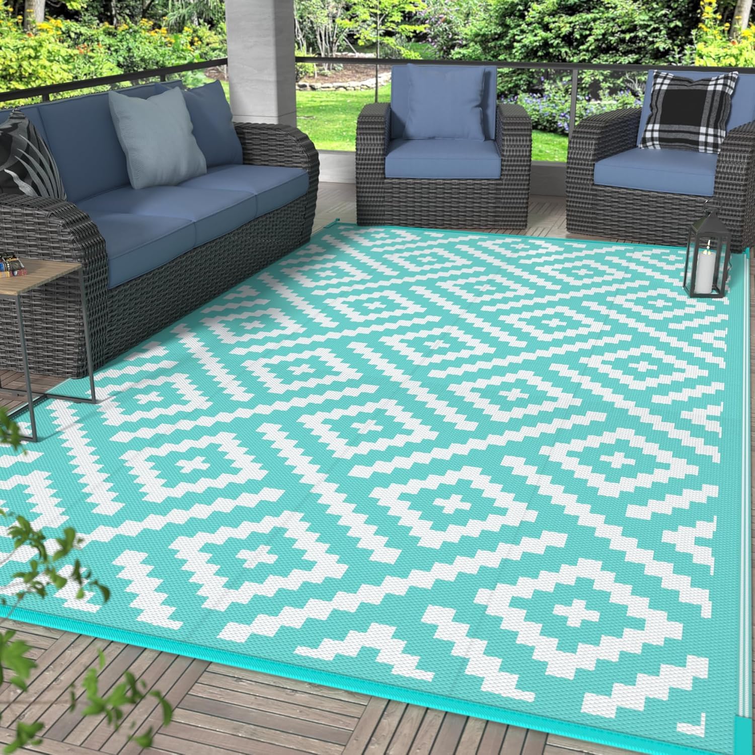 GENIMO Outdoor Rug for Patio Clearance, 6'x9' Waterproof Camping Mat, Reversible Plastic Straw Rugs for RV, Camper, Balcony, Backyard, Picnic, Deck (