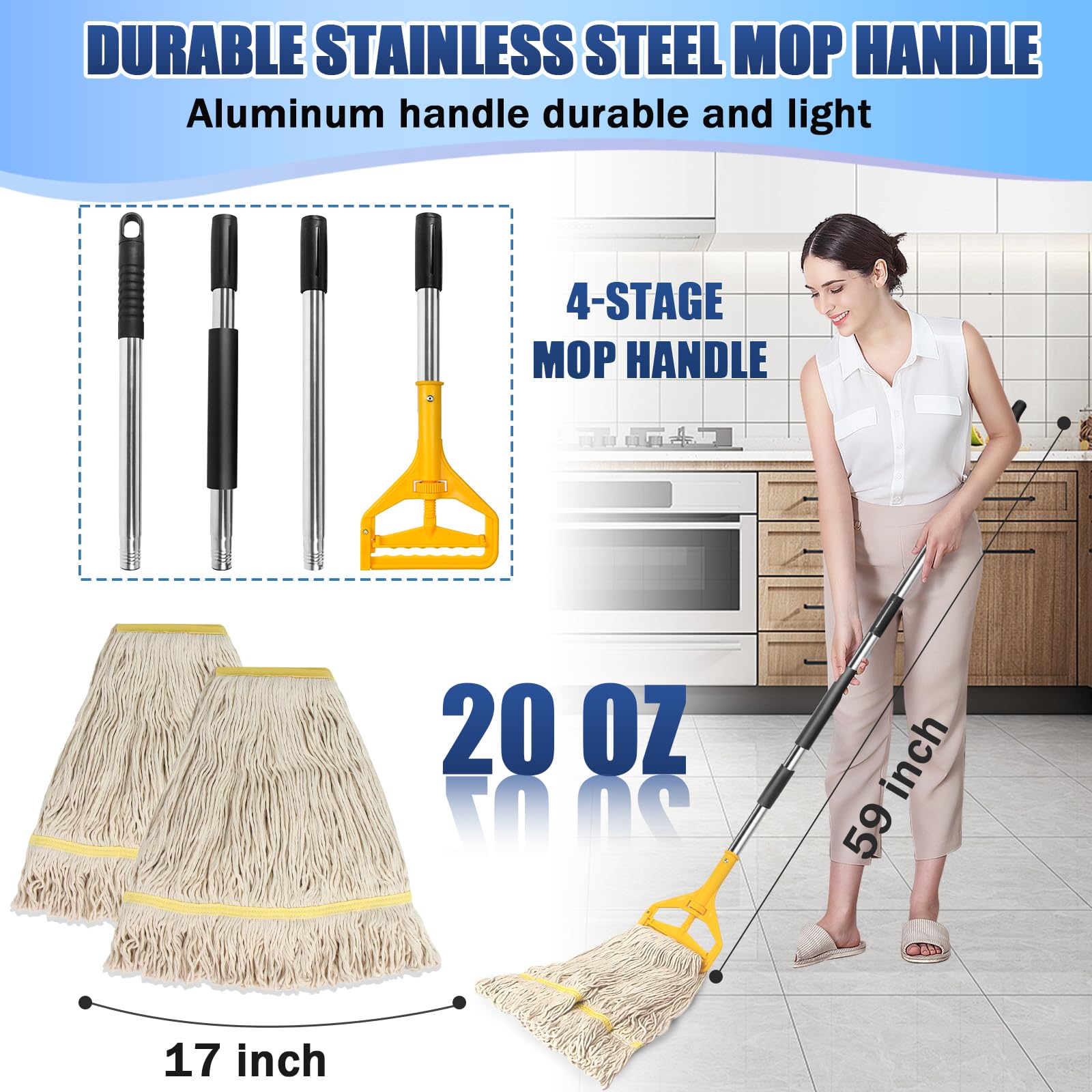 Paquete de 2 repuestos de fregona húmeda de 20 onzas, de algodón resistente, de grado industrial, para el hogar, taller, limpieza de suelos de garaje, con mango de fregona de acero inoxidable de 63