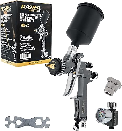 Master Elite PRO-22 HVLP – Pistola pulverizadora de pintura a aire con punta de 0.039 pulgadas, taza de 150ml, manómetro de presión de aire -