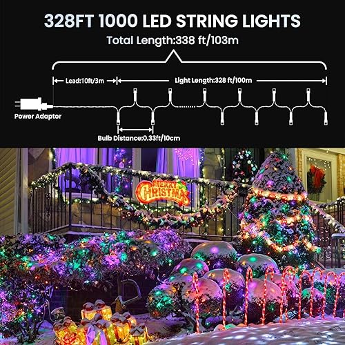 Miniatura 4 de Luces de Navidad de 338 pies para exteriores, 1000 luces LED de Navidad con 8 modos, temporizador, luces parpadeantes impermeables para fiestas,
