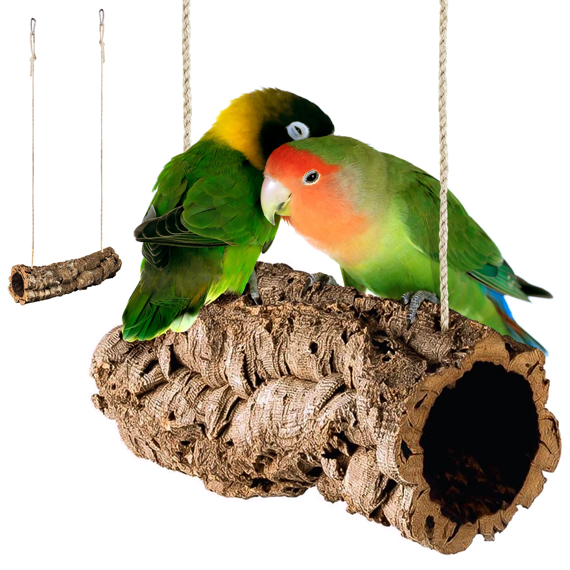 Korkröhre als Schaukel für Vögel | Röhre aus Naturkork | zum Schaukeln, Spielen, Anknabbern & Knuspern | Reine Kork-Rinde, desinfiziert | Karabinerhaken aus Edelstahl