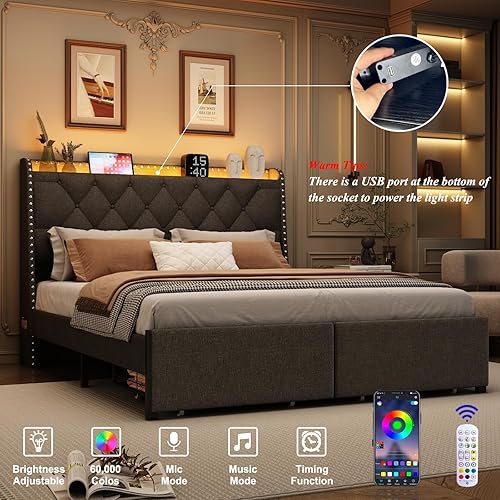 Miniatura 3 de Base de cama tamaño queen con cabecera de almacenamiento y 2 cajones, base de cama tapizada de lino con luces LED y estación de carga, no necesita