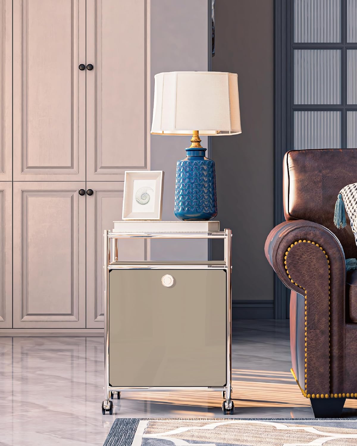 Elegant Matte Storage Cart with 22.8" Height - Perfect Side Table, Night Stand - Large Capacity with Flap Door, Detachable Wheels - Ideal for Home, Office, Bedroom, Kitchen (Taupe)