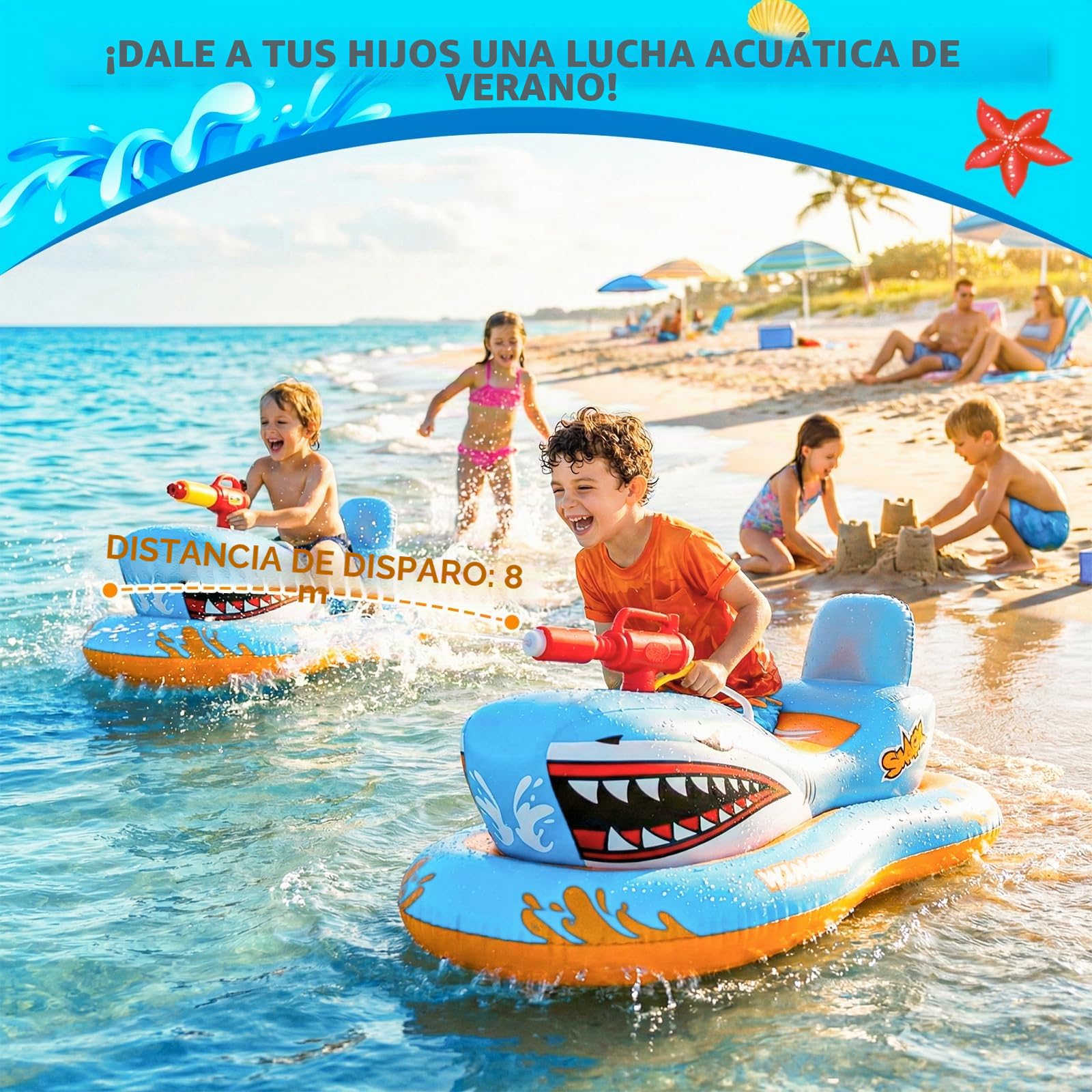 WINGYZ - Flotadores de piscina para niños con pistola de agua, 2026 nuevos juguetes inflables de balsa para piscina, barco con forma de tiburón, flotadores de piscina para montar para niños de 3 a 12