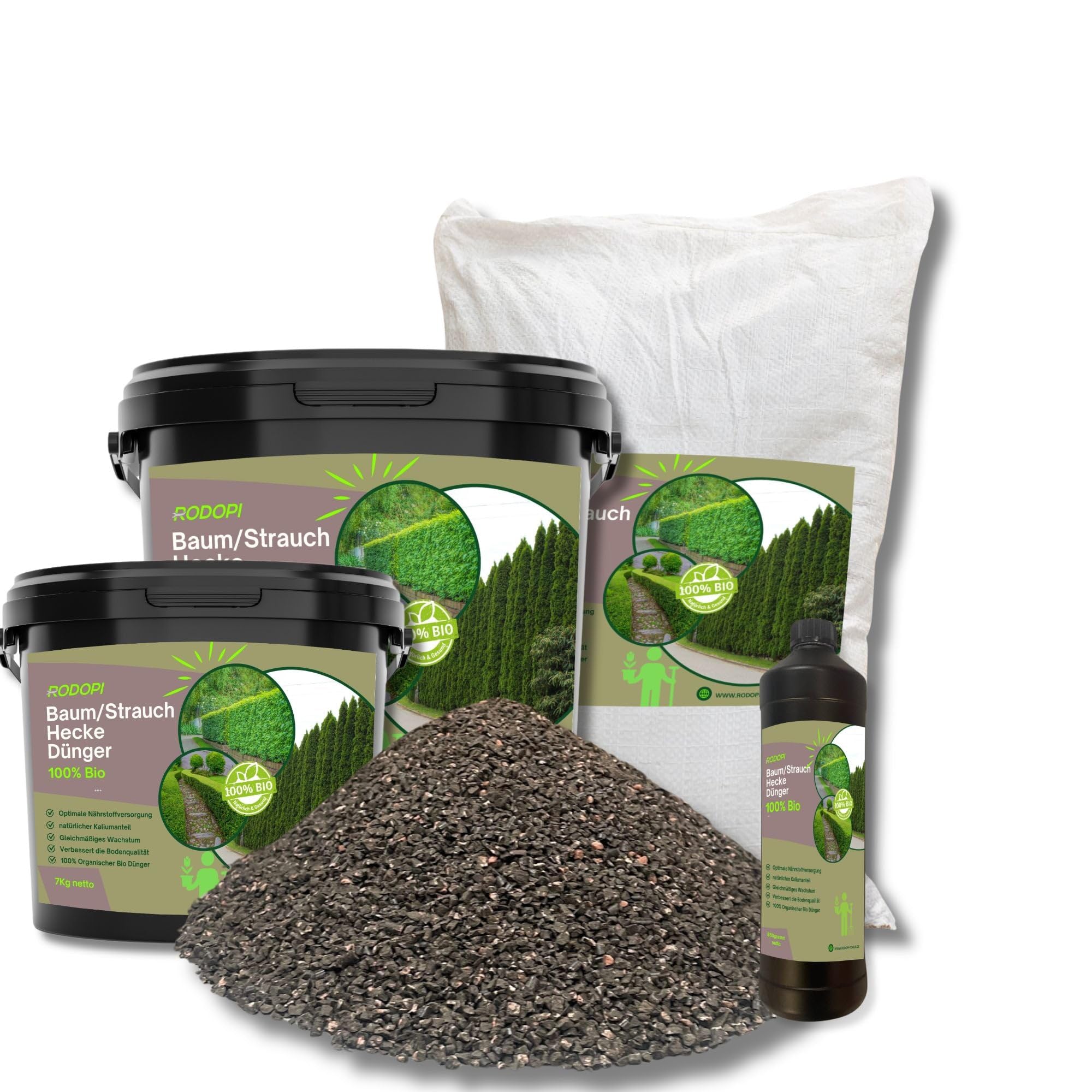 Rodopi Bio-Baum Strauch Hecken Dünger Granulat – 3 Monate Langzeitwirkung – 100% pflanzlich & vegan – Organischer NPK-Dünger 7-3-8 mit Eisen 7kg