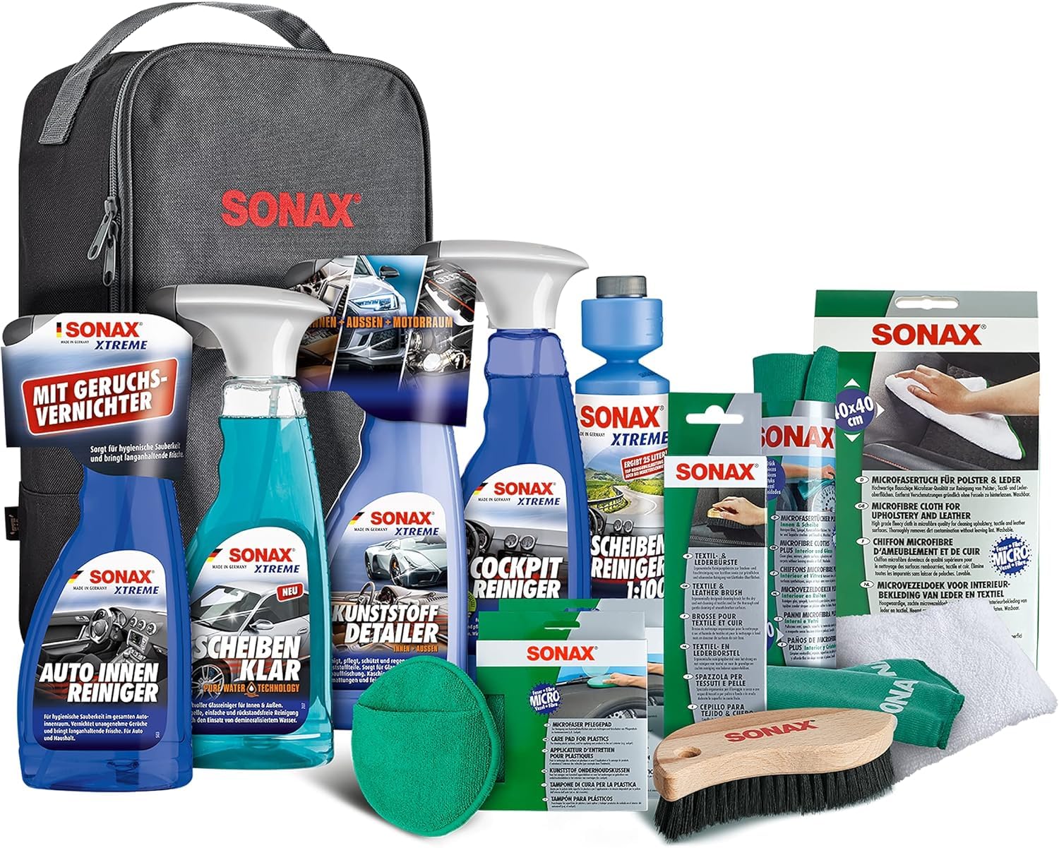 SONAX Innenraum+Scheibe-Set mit Tasche (11-teilig) & XTREME Autopflege Set inkl. Tasche (8-teilig); Autoreinigungs- & Pflegeset für den Fahrzeug-Außenbereich (Lack & Felgen), Art-Nr. 07615410