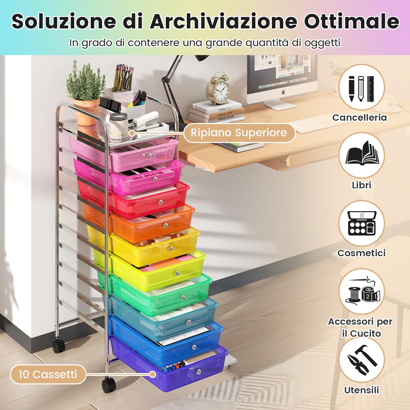 COSTWAY Carrello Portaoggetti con 10 Cassetti, Cassettiera con Ruote, Struttura in Metallo, Ruote Universali Bloccabili e Maniglia, Carrello Organizer per Casa, Ufficio (39 x 32 x 97 cm)