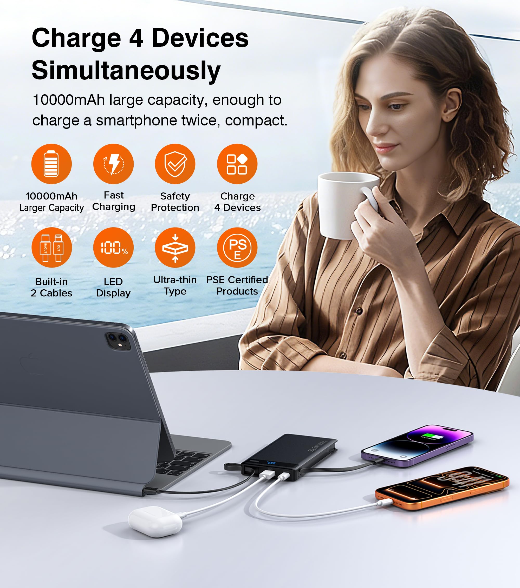 TEMINICE Power Bank with 2 Built-in Cables 10000mAh, 22.5W PD Slim Portable Charger USB C Battery Pack, Travel Essentials Fast Charging Powerbank Compatible with iPhone 17 16 15 Plus Pro Samsung iPad etc(1 Pk) in use