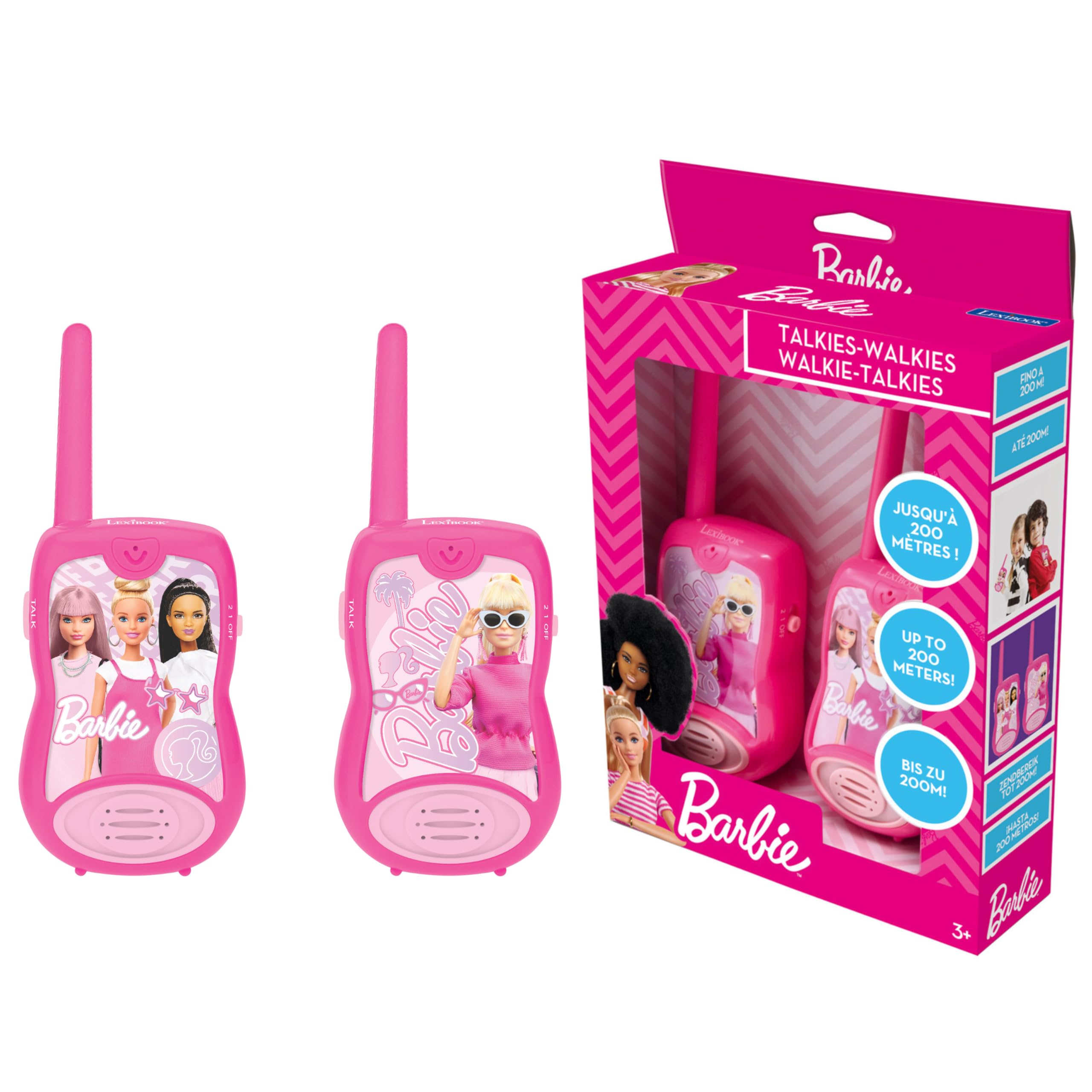 Lexibook - Barbie Walkie Talkies 200m, Communication set for kids, 2 communication channels, Belt clip, Pink, TW12BBLXB