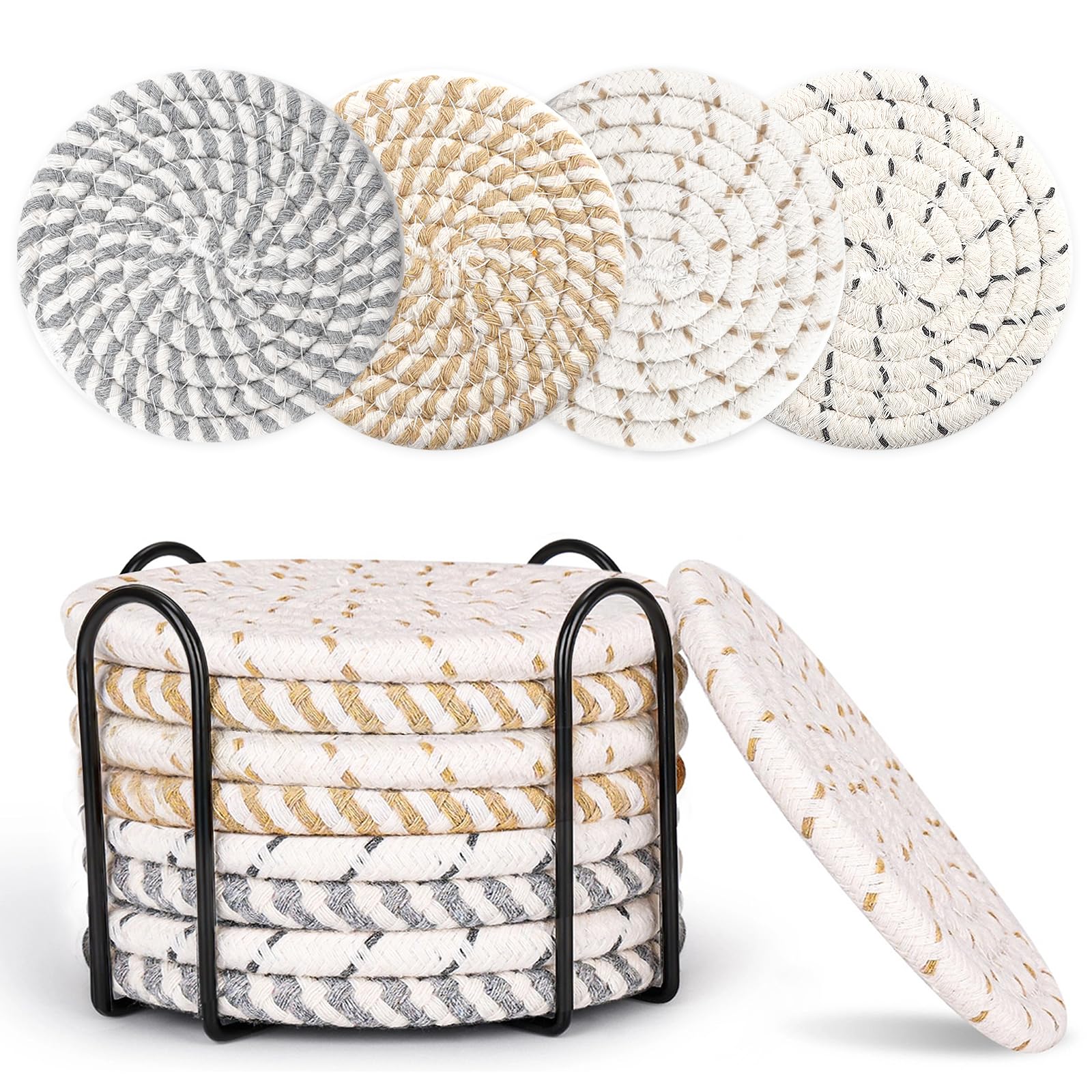 Farmhouse Coasters Set of 8 for Drinks, Absorbent Woven Coaster Set with Holder Cute Cloth Coasters for Home Decor Coffee Table Office Desk, Handmade Boho Decor Tabletop Protection