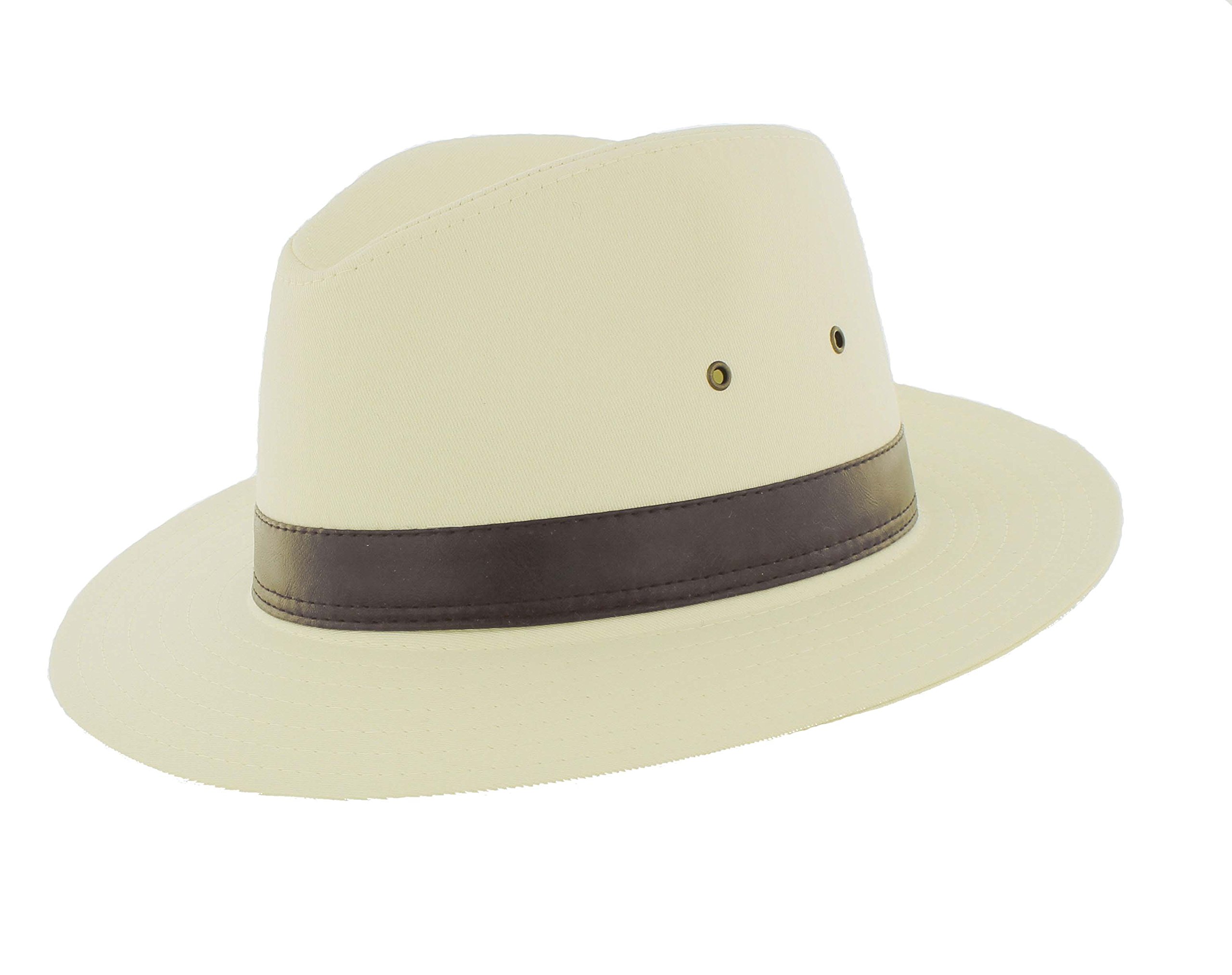 The Hat Company Mens Cotton Fedora (Large 59cm, Cream with Dark Brown Faux Leather Band)
