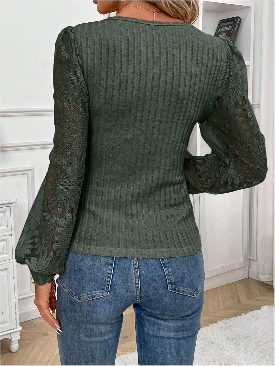 SOLY HUX Women's Long Sleeve Lace Shirt Sweetheart Neck Blouses Dressy Casual Fall Tops - Image 2