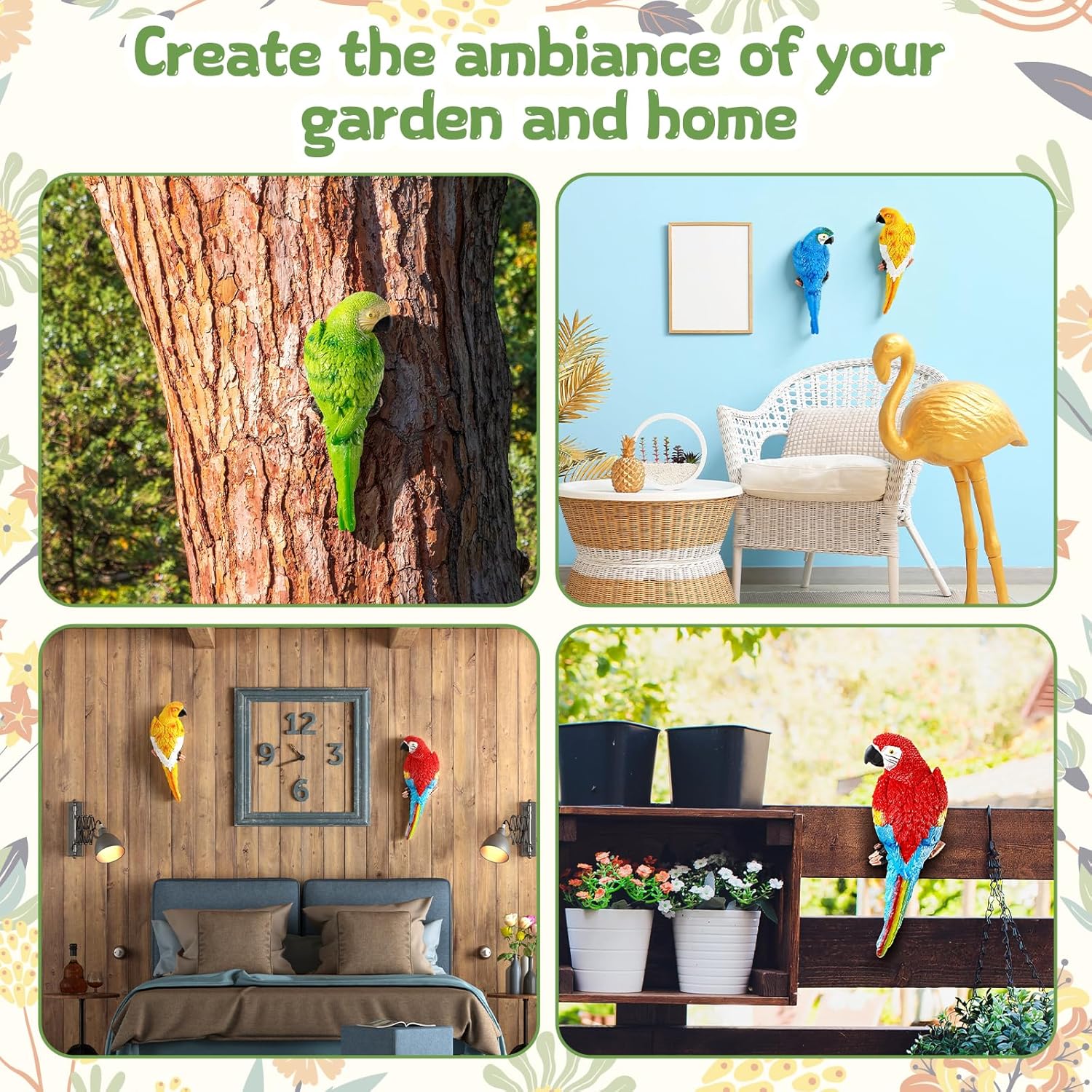 Jetec Parrot Decor Outdoor Tiki Bar Decor Large Realistic Parrot Statues Outside Lifelike Bird Sculptures Garden Patio Yard Lawn Figurines for Tropical Animal Tree Wall(4 Pcs,Blue,Red,Yellow,Green)