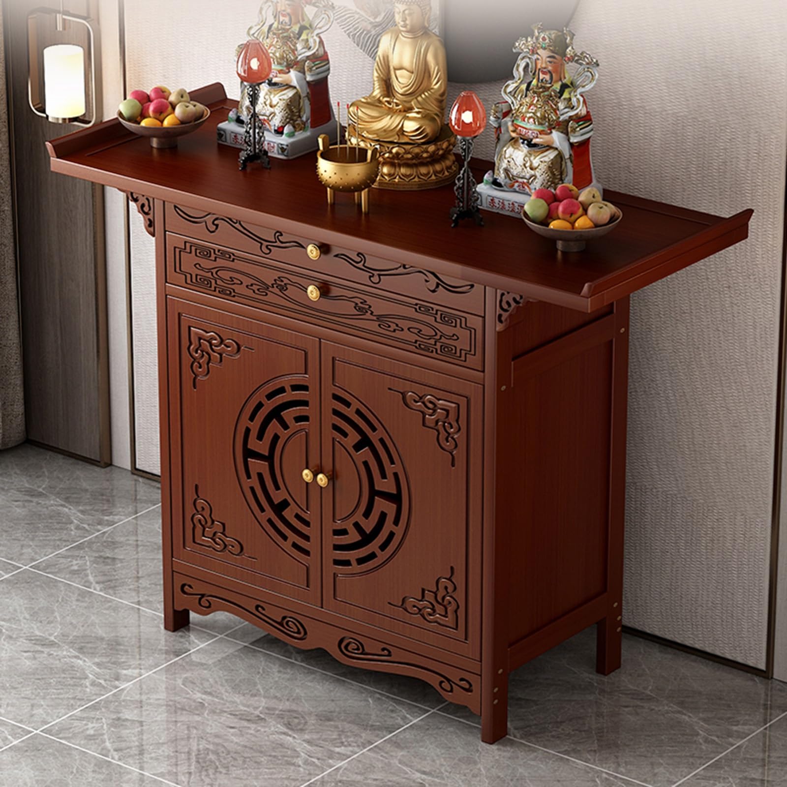 MESCXTY Altar Table with Storage Cabinet, Personal Shrine Table, Easy Assembly, Double Door Design,Carved Design, for Incense and Pray(47.2 * 15.8 39.4in)
