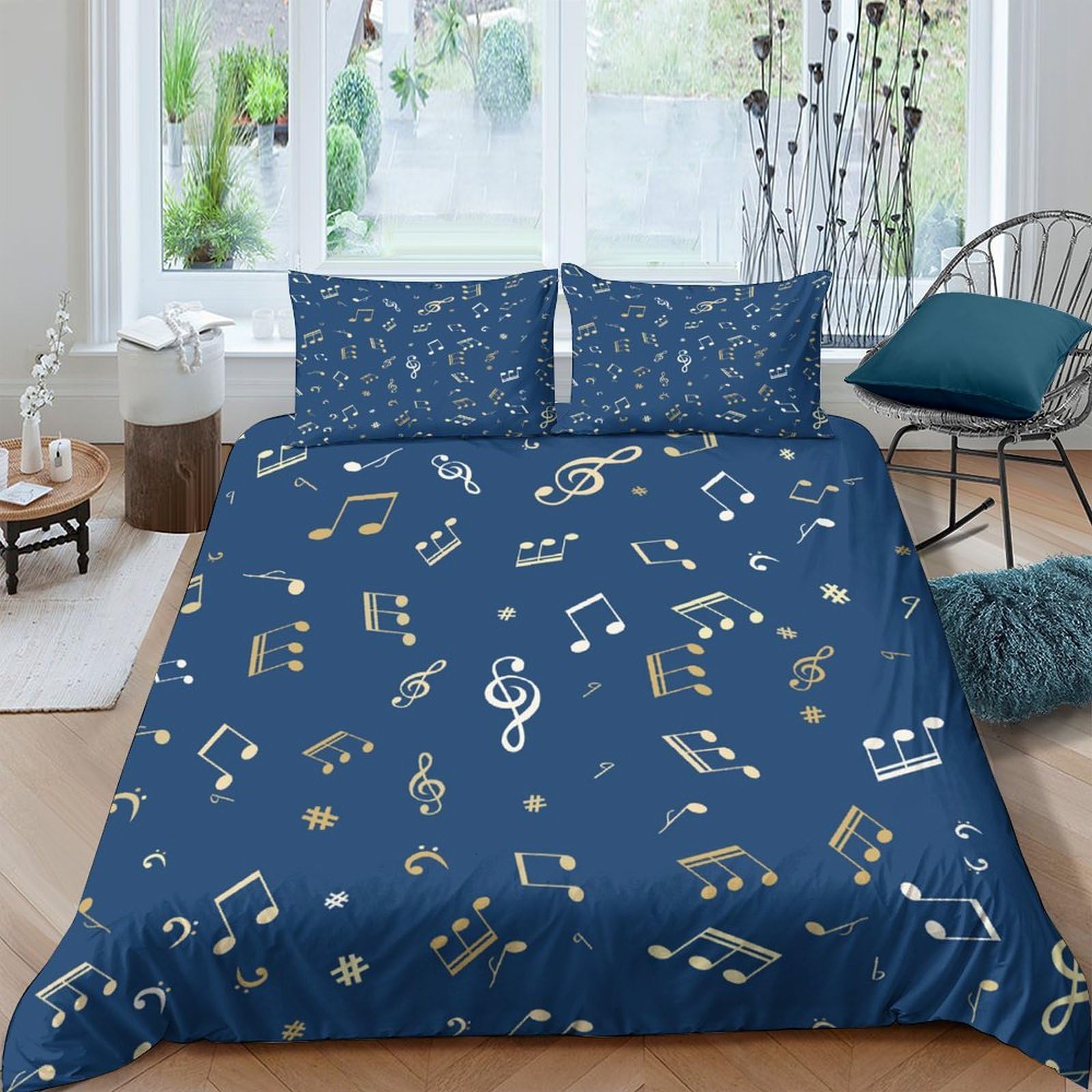 Ctjqhvkz Style-9 3D Printed Musical Notes Fitted Sheet Microfiber Soft Blue Music Symbols Bed Cover For Bedroom Dorm Easy Care Decor Single（135X200cm）