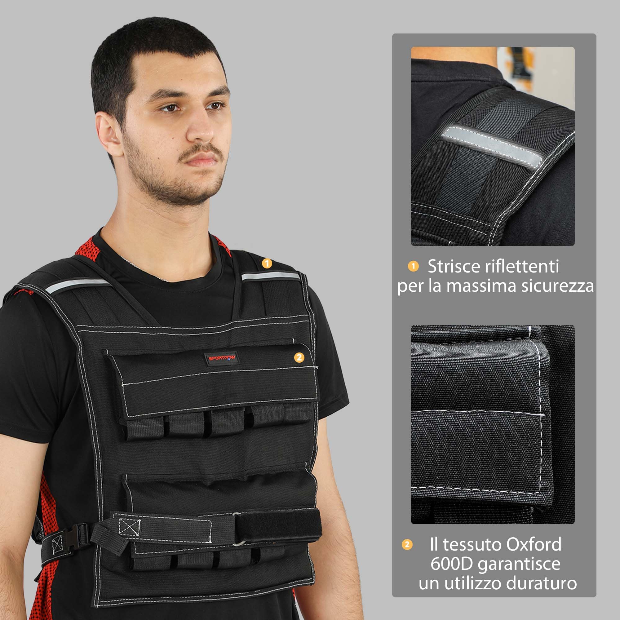 SPORTNOW Gilet Zavorrato Regolabile 20kg con 20 Pesi, Gilet con Strisce Riflettenti, Vestibilità Aderente per Allenamento a Casa, Corsa ed Esercizi Cardio, in Tessuto Oxford, 50x40 cm, Nero