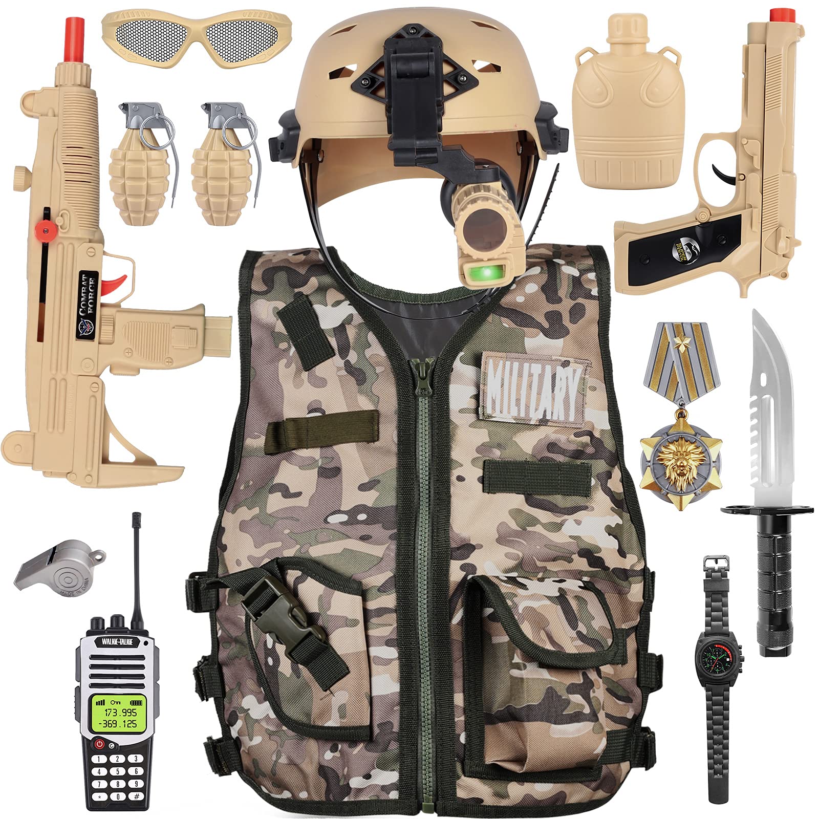 vamei 14pcs Military Soldier Costume Army Costume Kids Military Soldier Camouflage Vest with Helmet Toy Walkie Talkie Military Dress up Accessories Gift for Kids Boys Girls