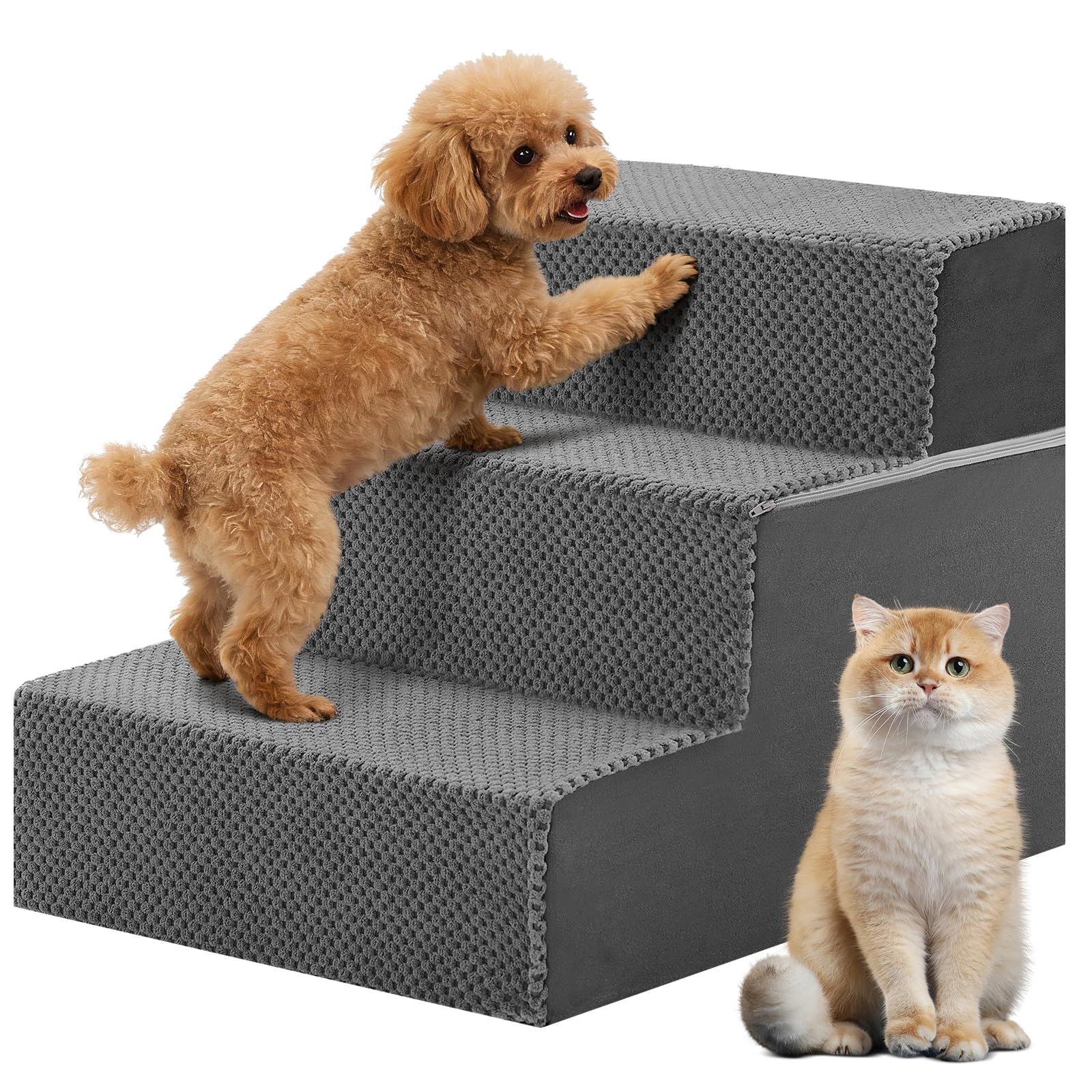 DUMOS Dog Stairs for Small and Medium Dogs, 3-Step Pet Steps with High-Density Foam, Indoor Non-Slip Pet Ramp for Puppy and Older Dogs Cats, Dog Bed