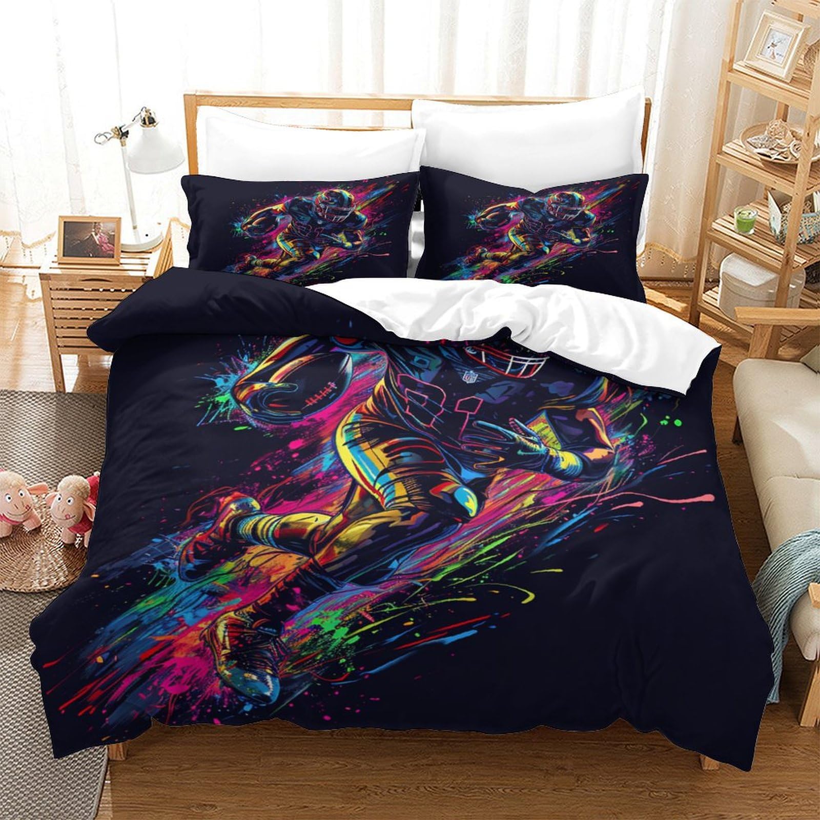 QPIRINMEX Rugby Duvet Cover, 3D Print Quilt Cover Bedding Duvet Set with Pillowcases Soft Microfiber Easy Care Quilt Cover for Boys Girls Kids Bedroom Single（140x200cm）