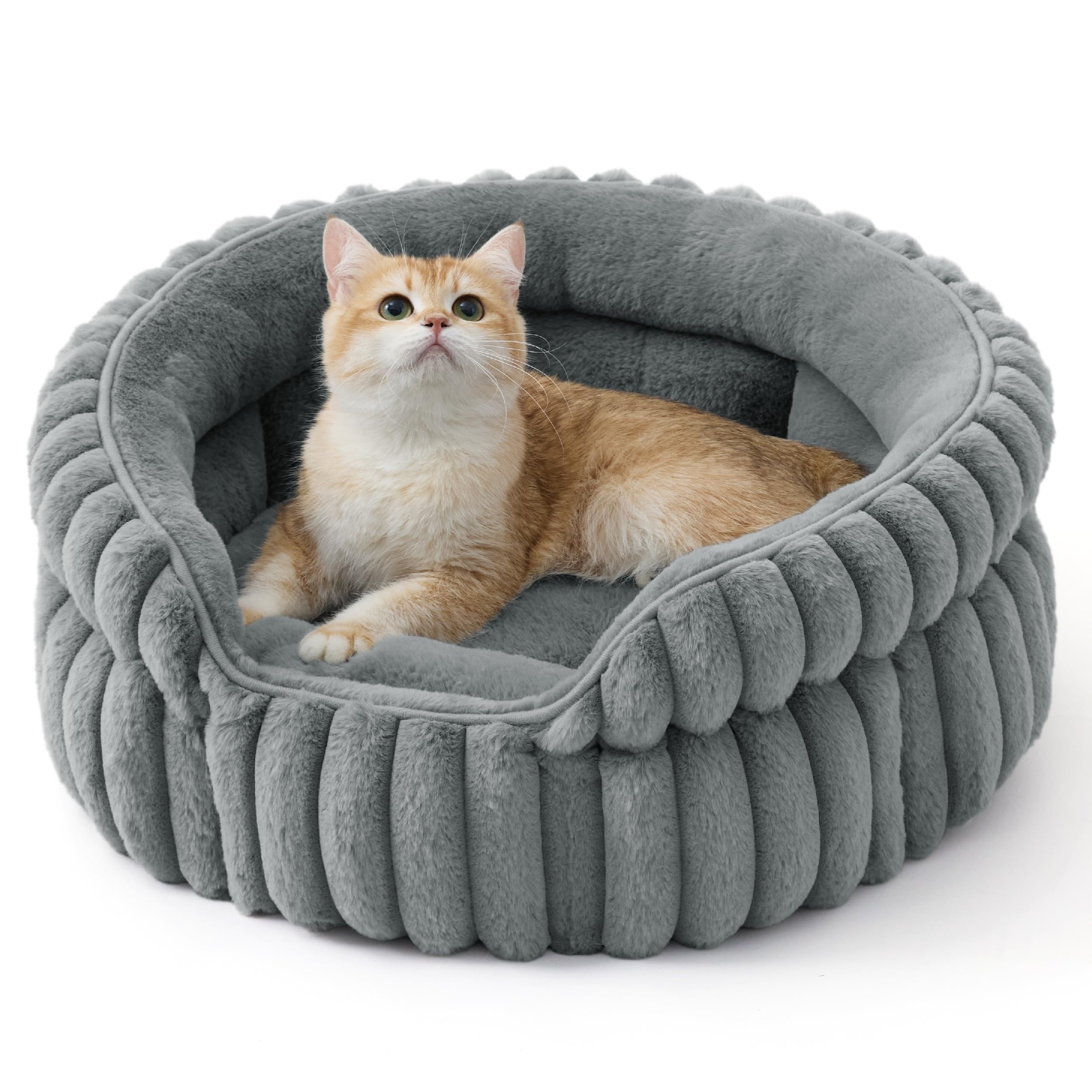Bedsure Cama Gato Cama Cachorro Lavable Pana Polar, 51x51cm | Cama Gatito Redonda Estilo Abrazo Sueño Profundo Bordes Altos, Cojín Extraíble Reversible, Antideslizante, Gris