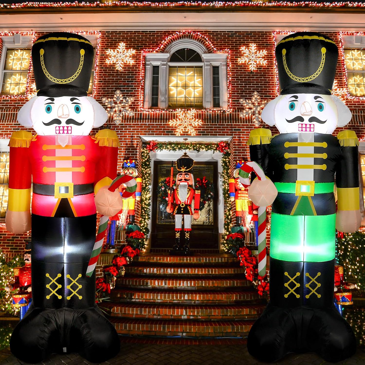 Bencailor 2 Pcs Inflatables Nutcracker Soldier Blow up Soldier Yard Decorations Built in LED Lights Outdoor Nutcracker for Party Holiday Indoor(Black,Red)