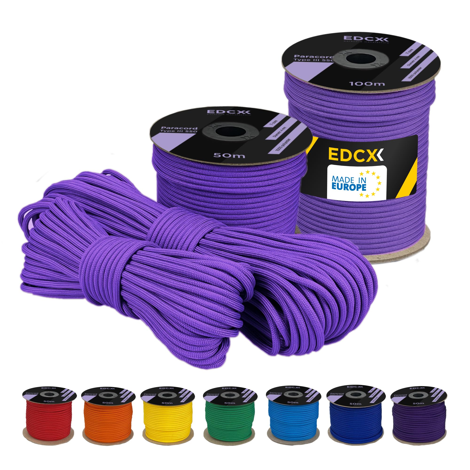 EdcX 4 mm Polyester Paracord 550 (15, 30 and 50 m) โ 4 mm Type III, Tear-Resistant Parachute Cord for Survival Made of 100% Polyester with 7 Wires | Solid Colours (Lavender, 15 m)