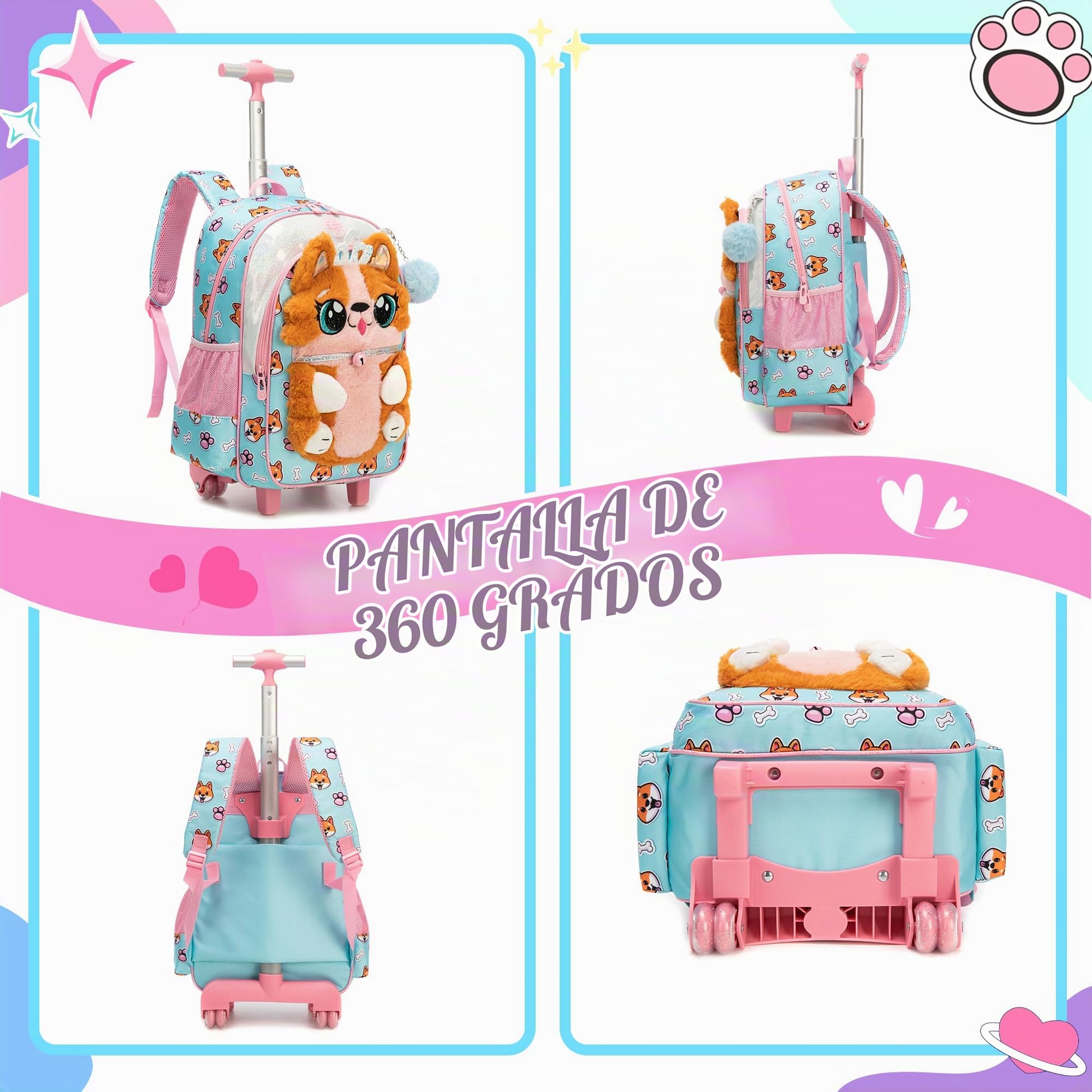 HTgroce Mochilas Escolares Niña con Ruedas, Mochilas Trolley Escolares 3 en 1 Bolsa de Estuche 7 años