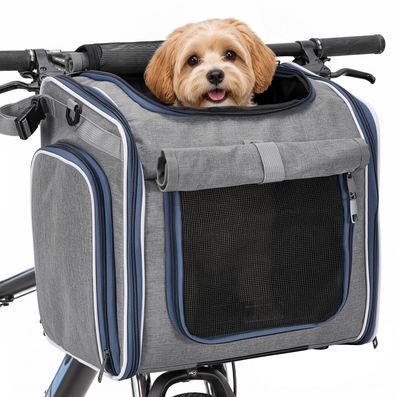 Fahrradkorb Hund,Hundekorb Fahrrad Vorne,Erweiterbar, Atmungsaktiv, Haustier-Tragerucksack mit 4 Netzfenstern für Kleine Hunde Und Katzen(Grau)